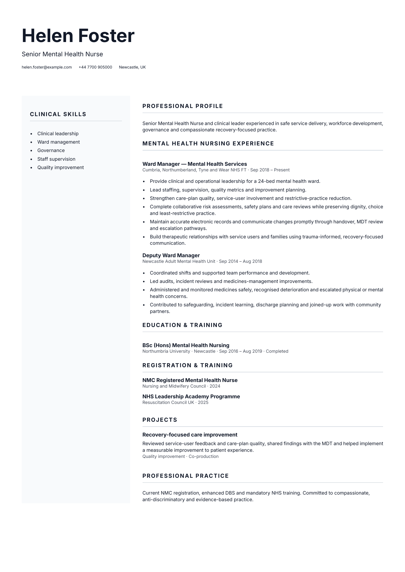 Senior Mental Health Nurse CV template