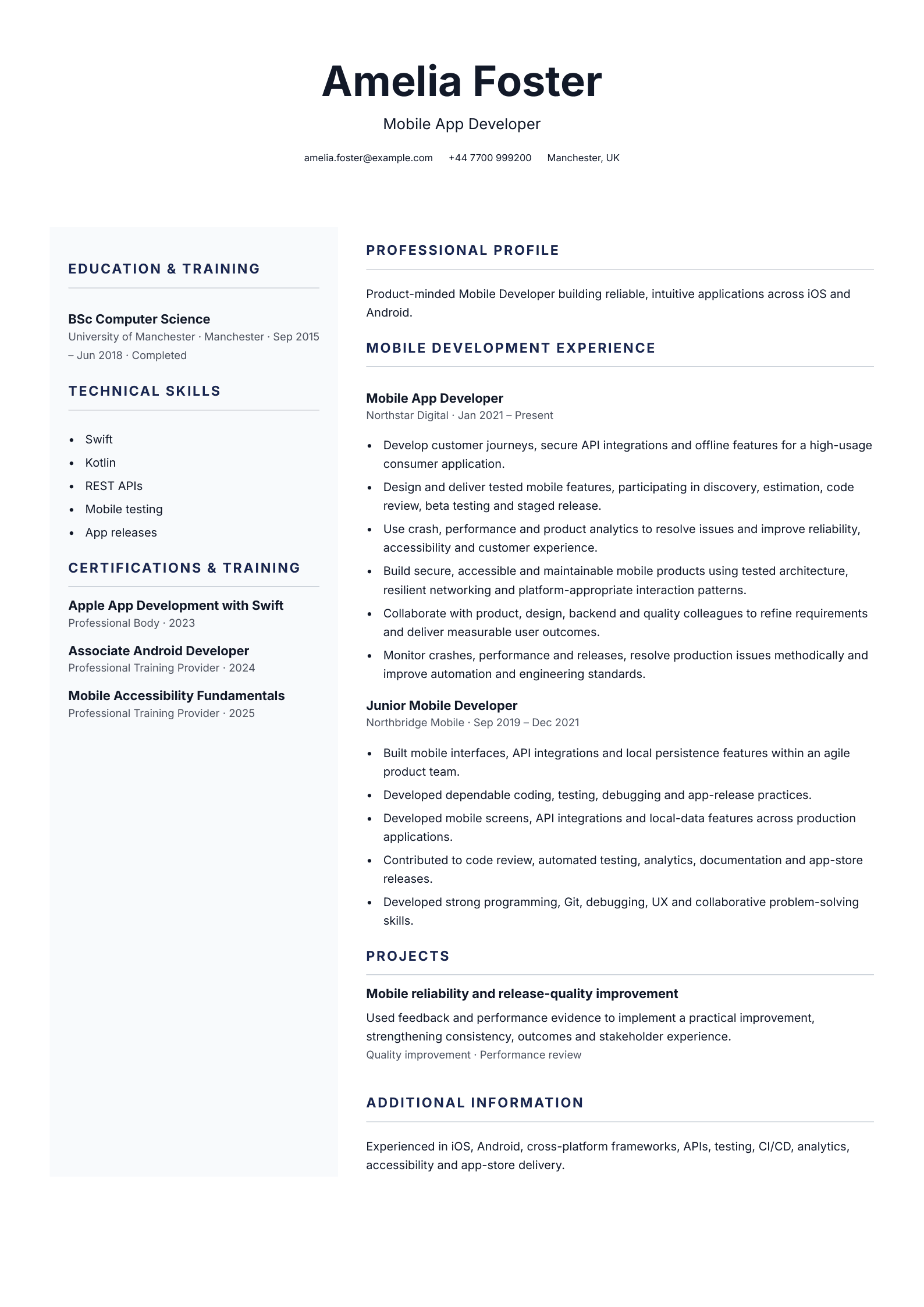 Mobile app developer CV