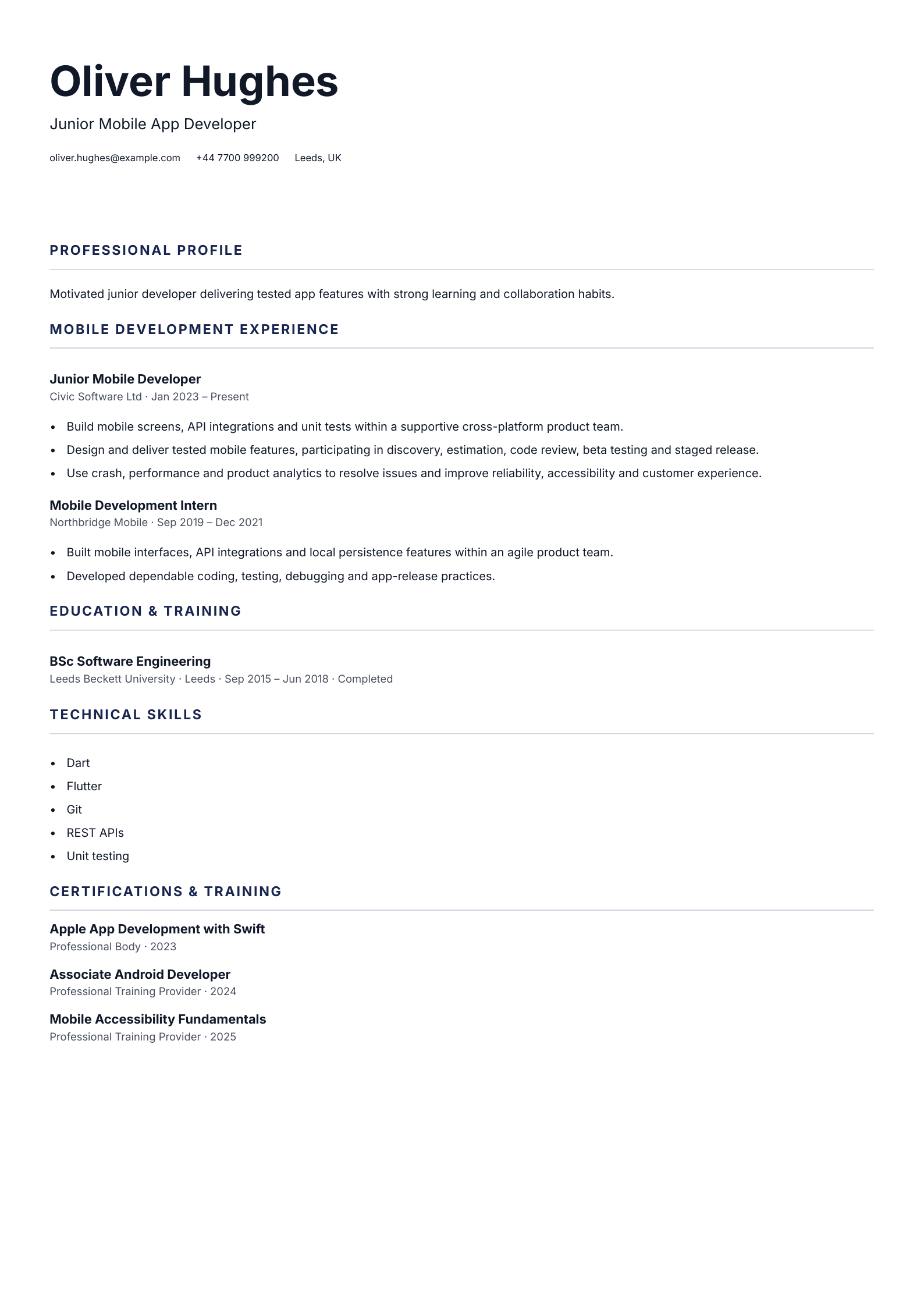 Junior Mobile App Developer CV template