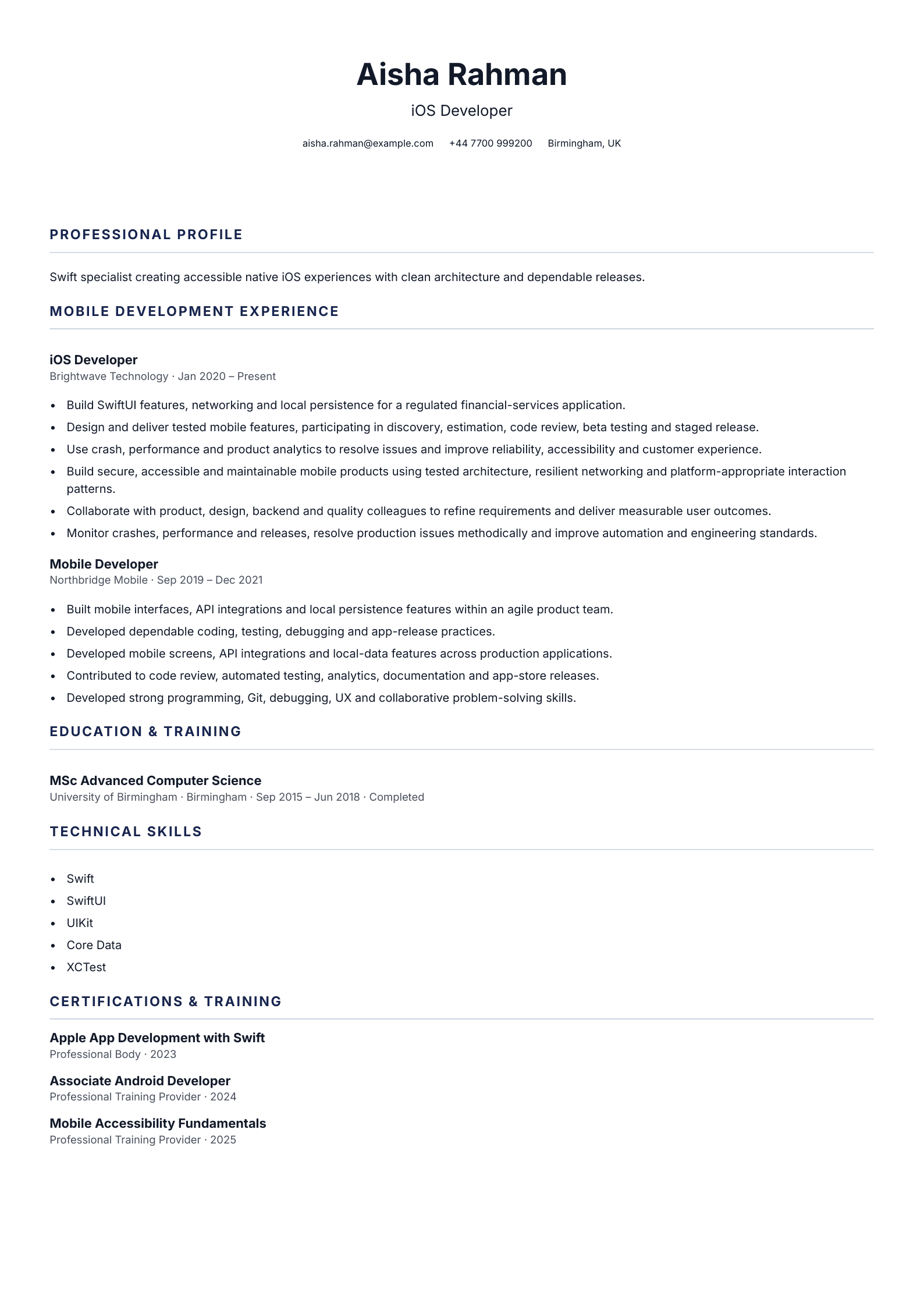 iOS Developer CV template