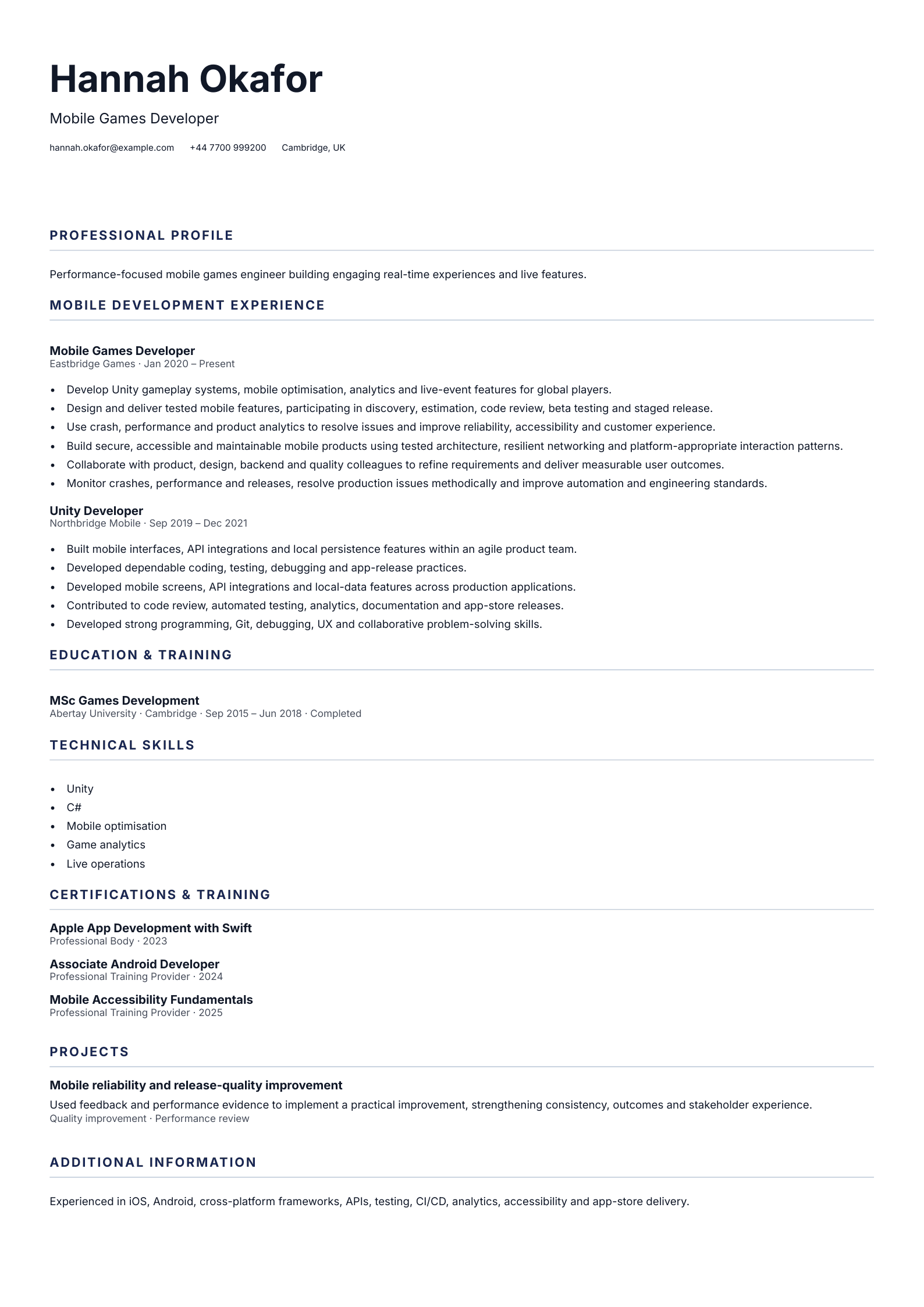 Mobile Games Developer CV template