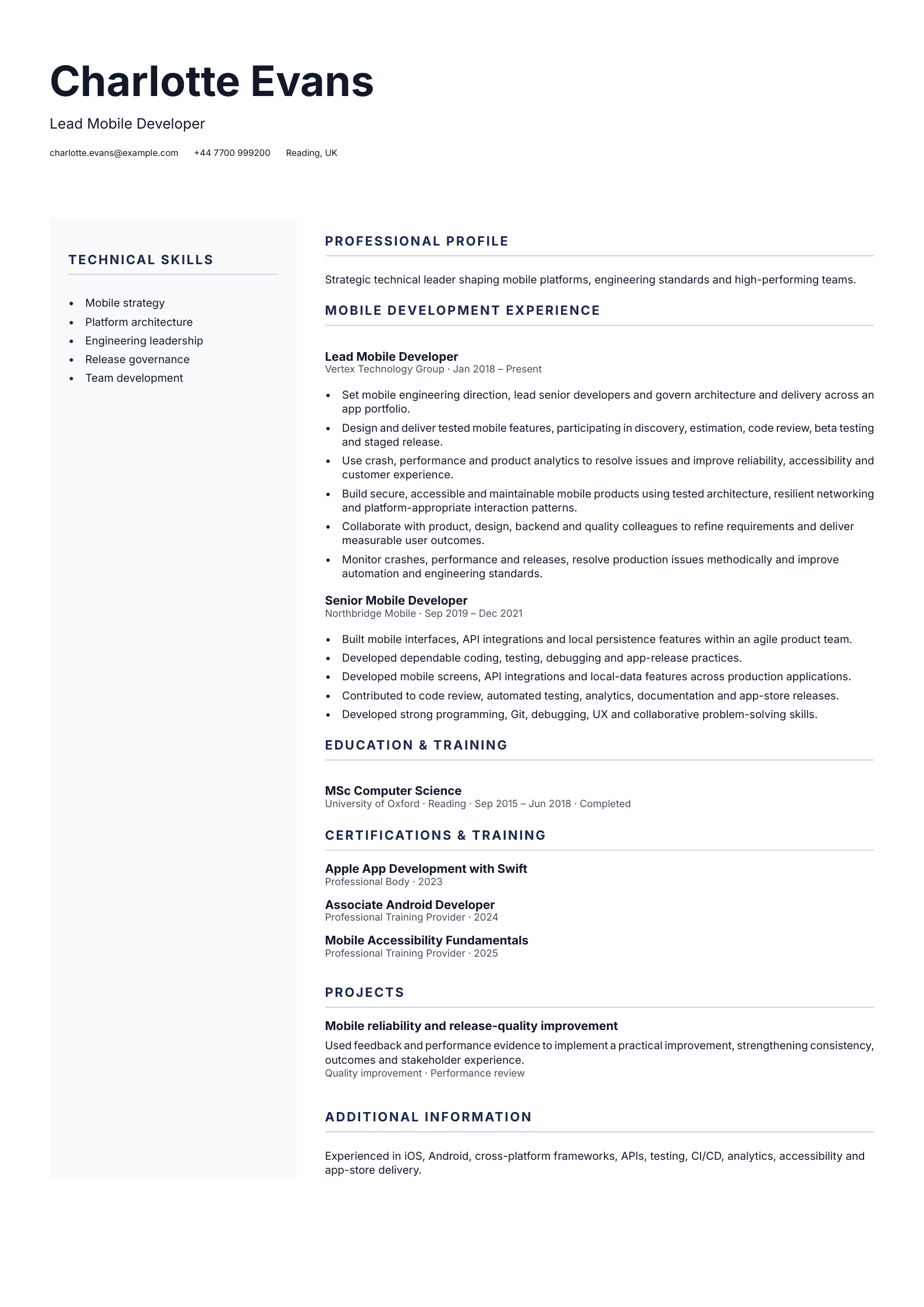 Lead Mobile Developer CV template