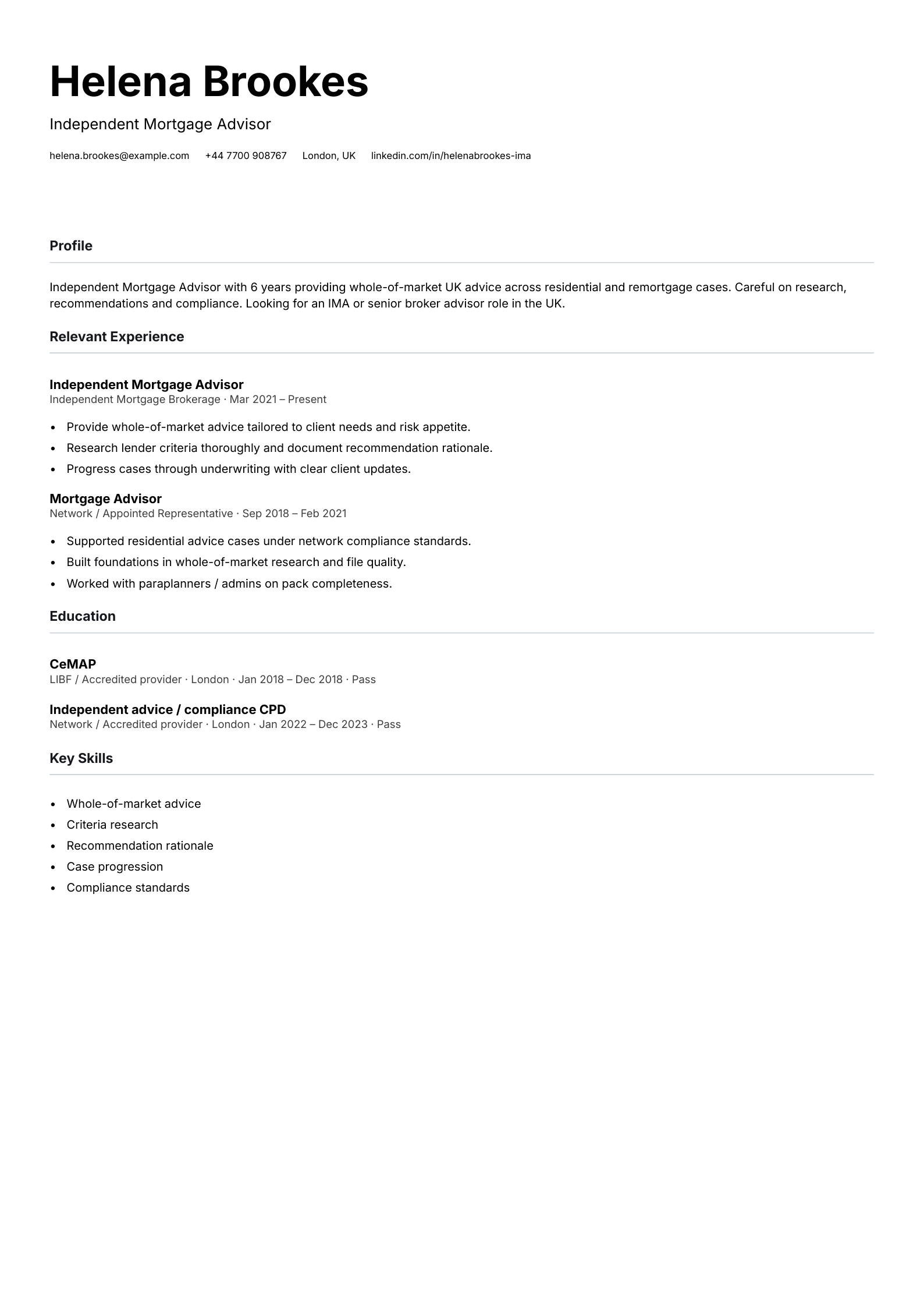 independent mortgage advisor CV template