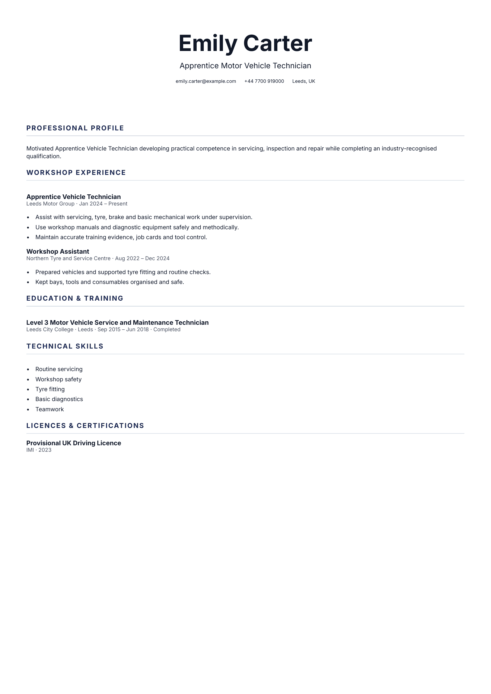 Apprentice Vehicle Technician CV template