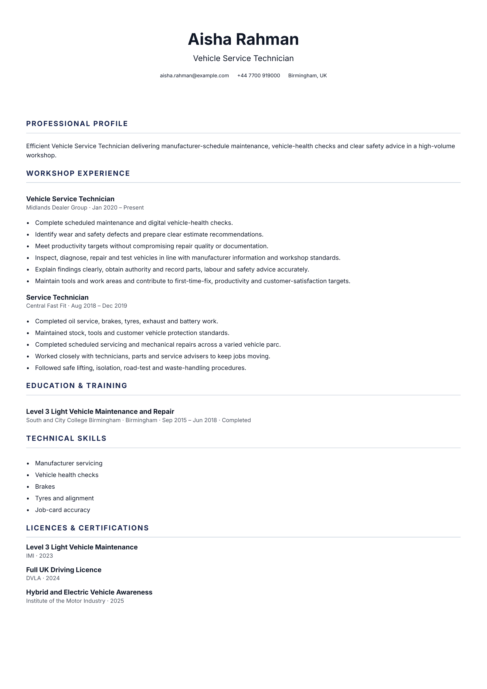 Vehicle Service Technician CV template
