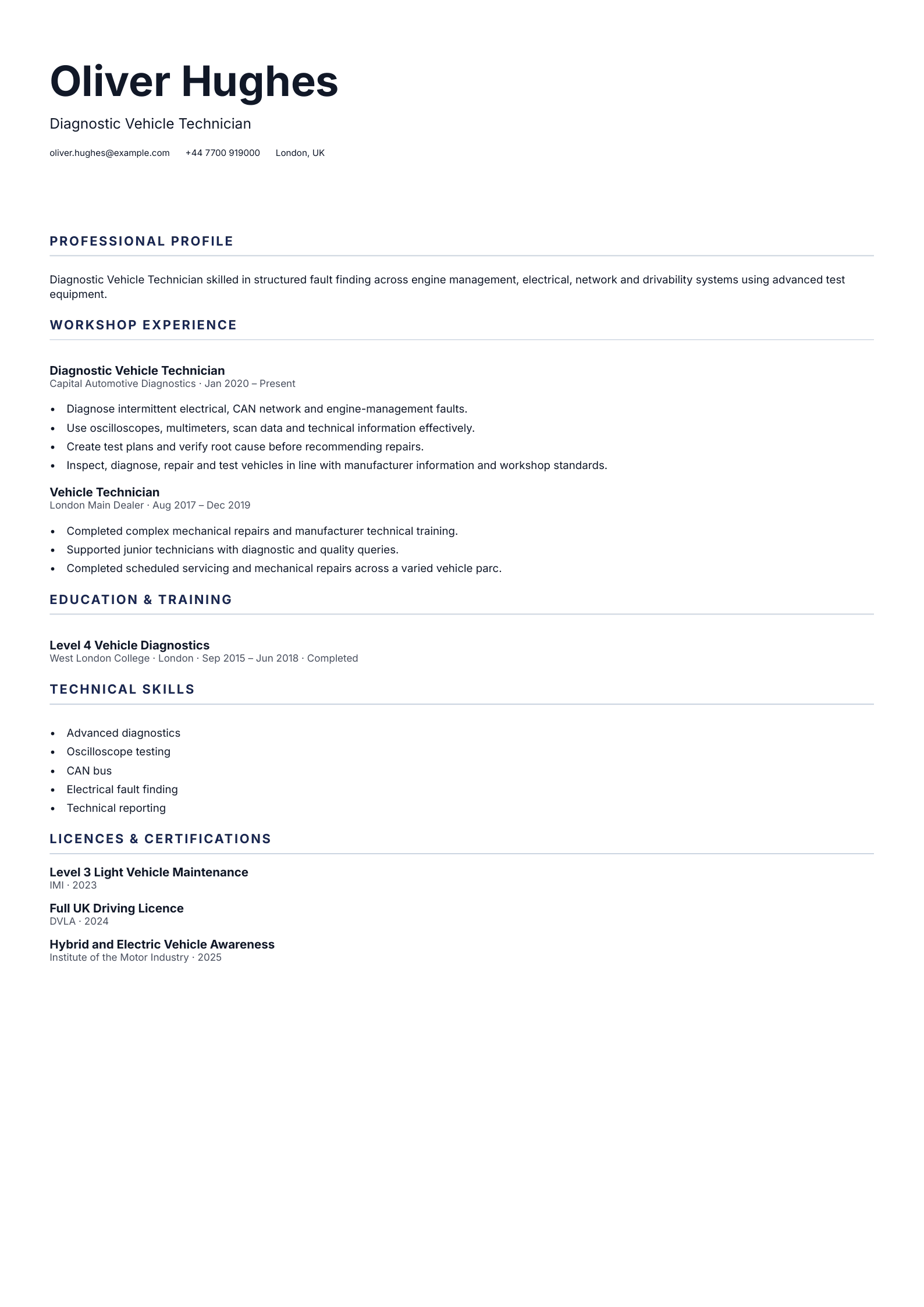 Diagnostic Vehicle Technician CV template