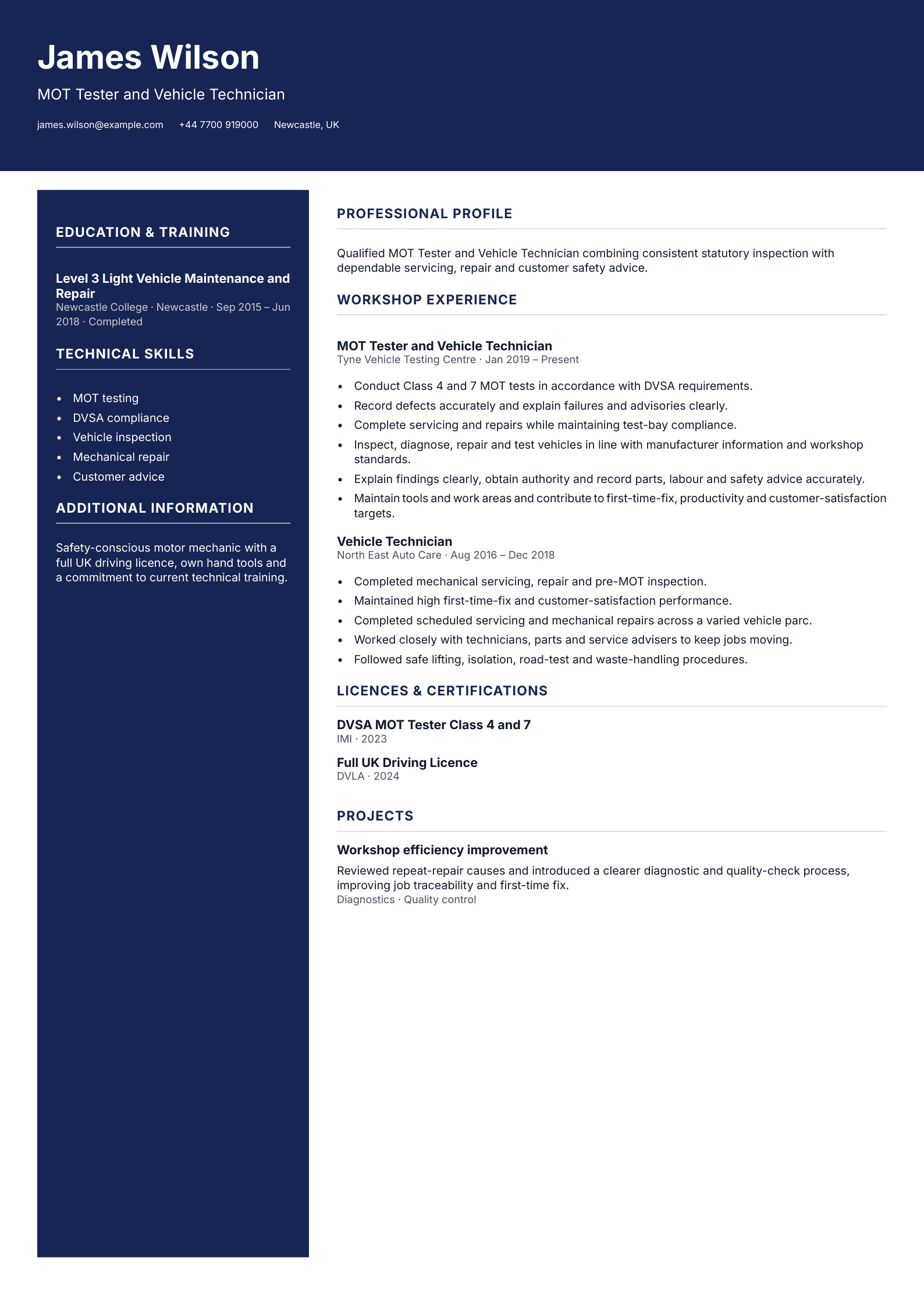 MOT Tester and Vehicle Technician CV template