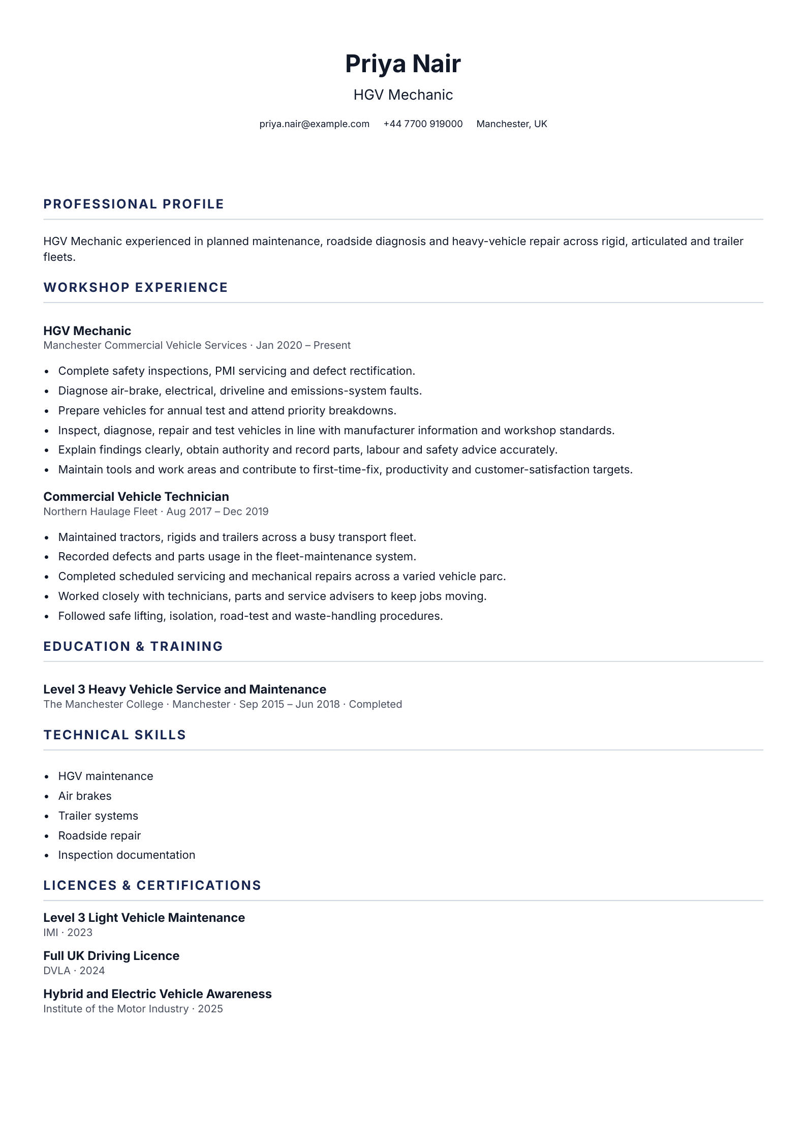 HGV Mechanic CV template