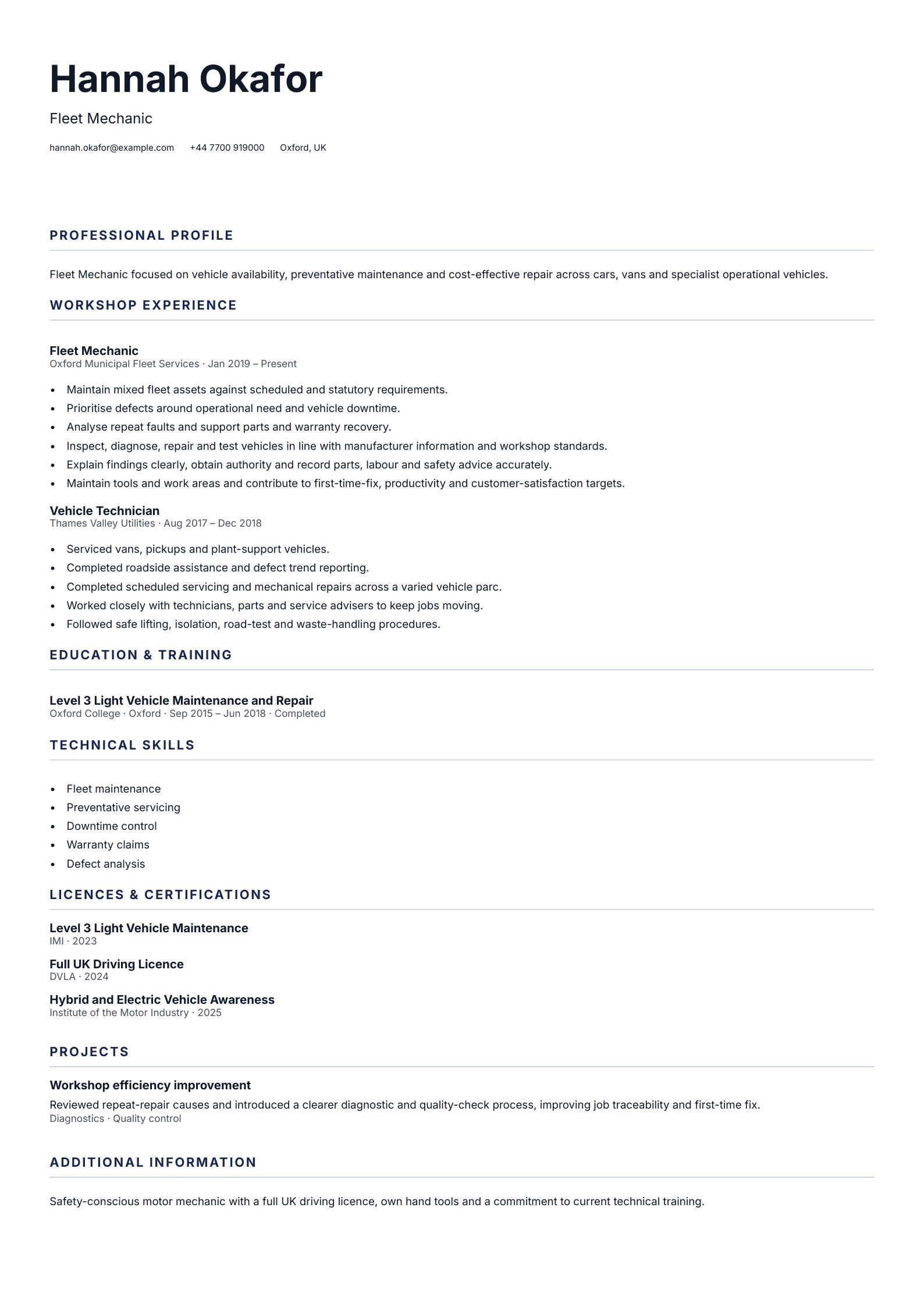 Fleet Mechanic CV template