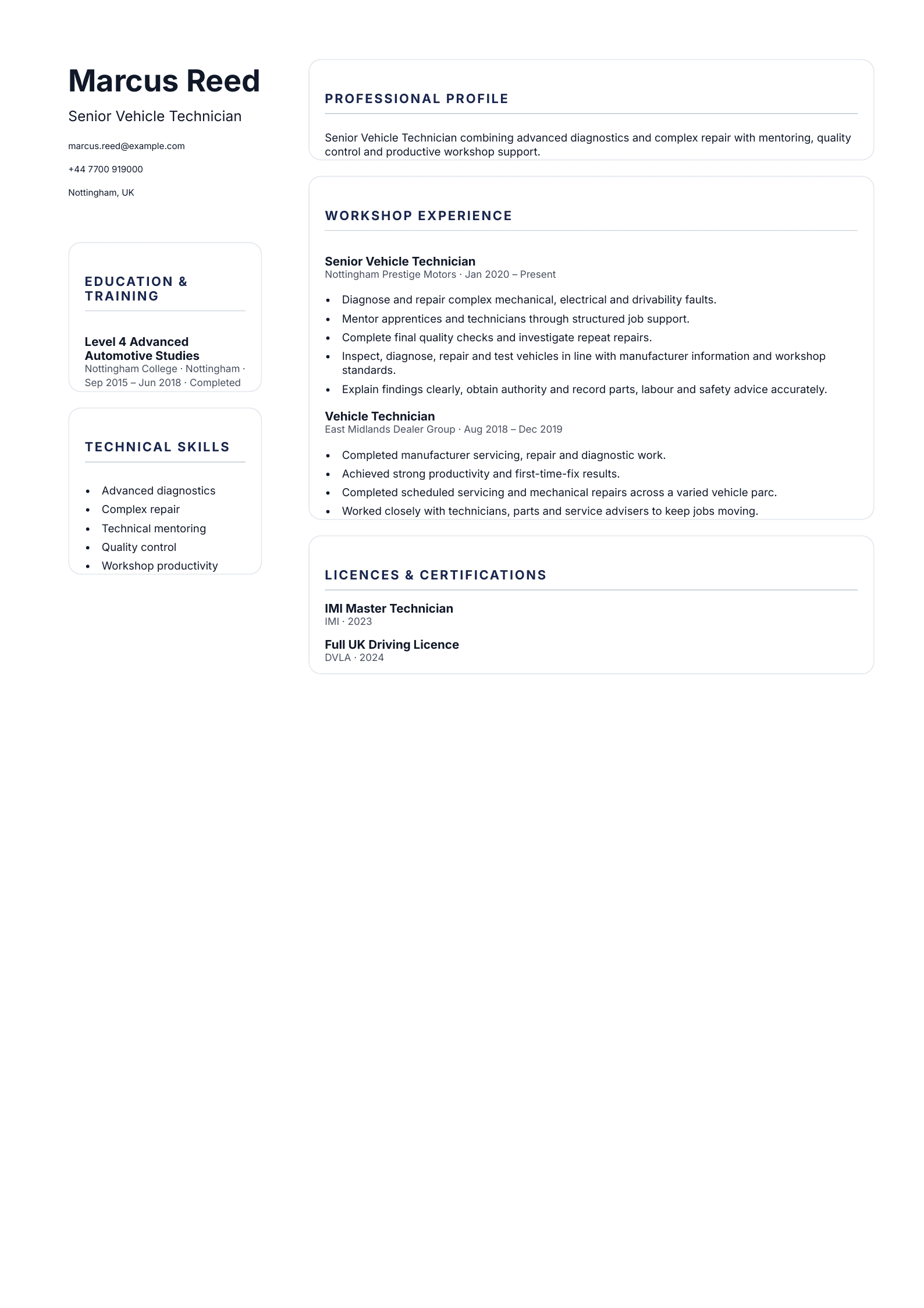 Senior Vehicle Technician CV template