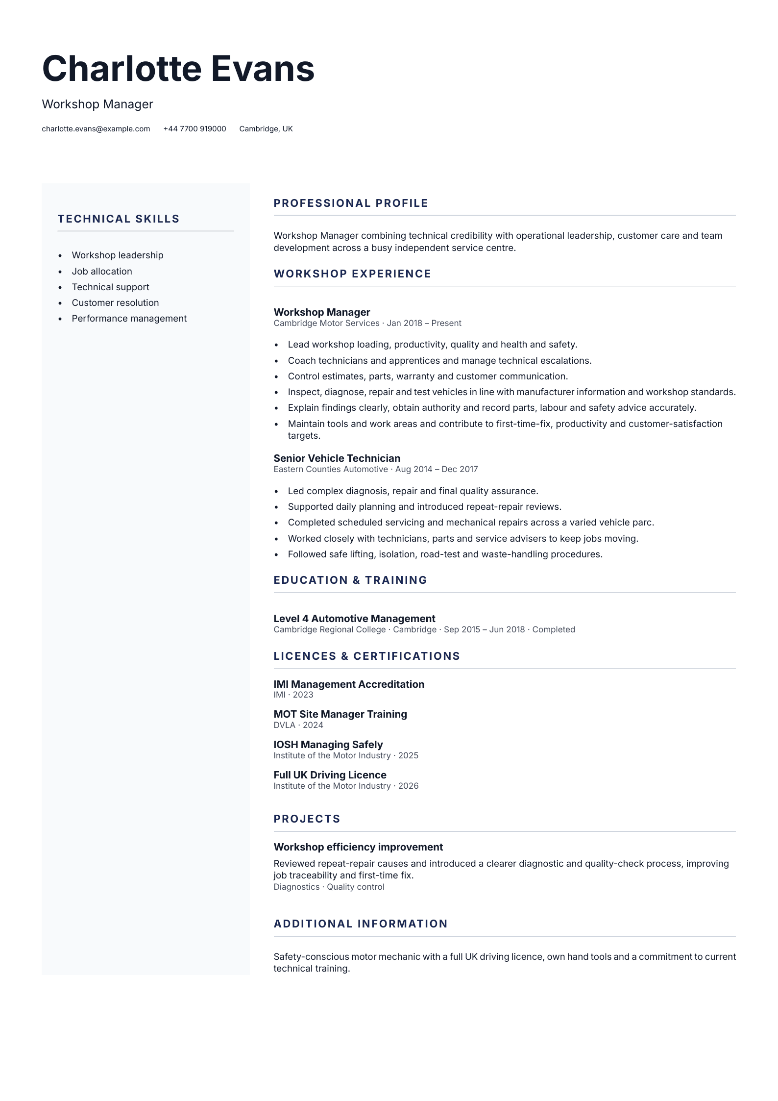 Workshop Manager CV template