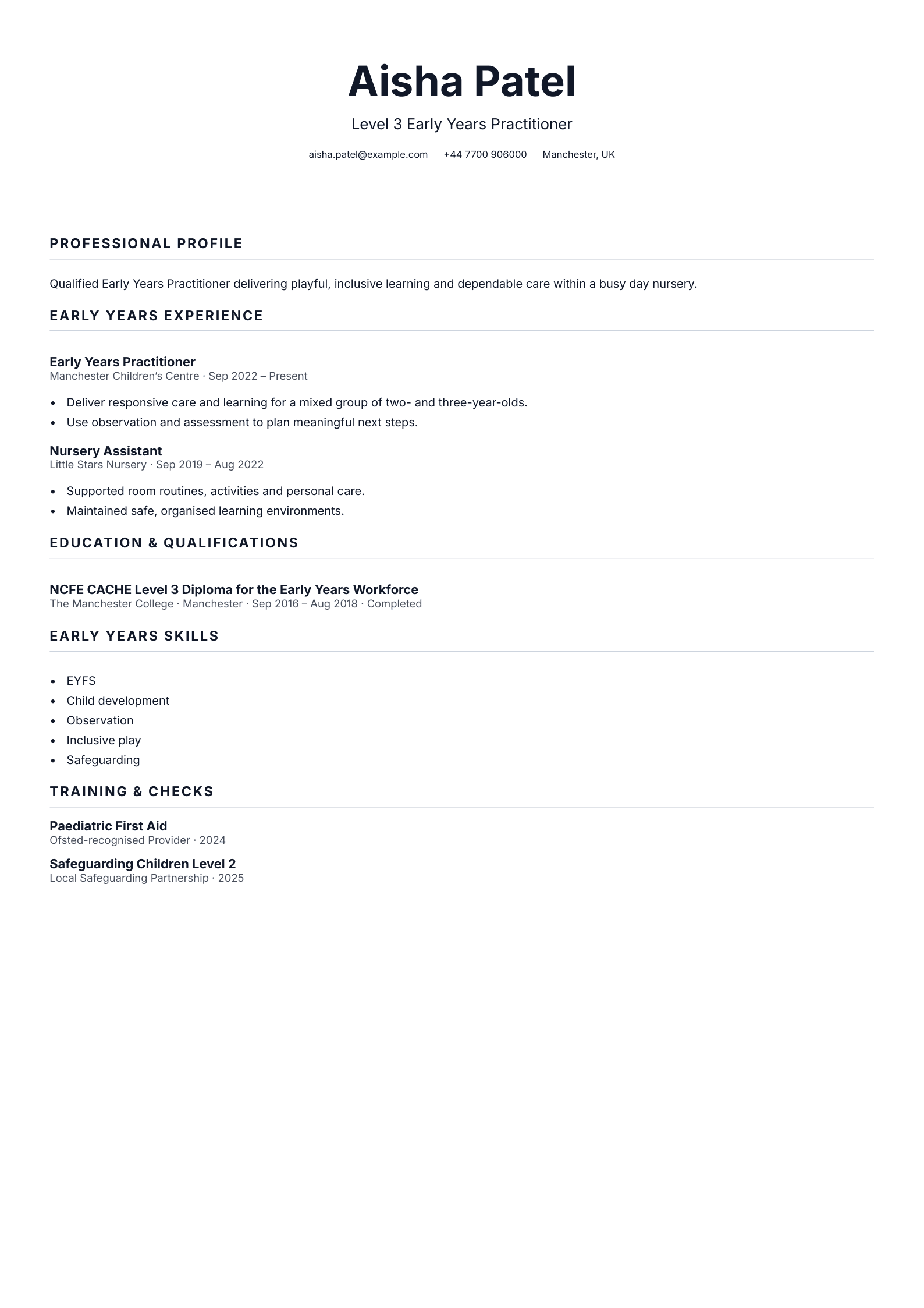 Level 3 Early Years Practitioner CV template