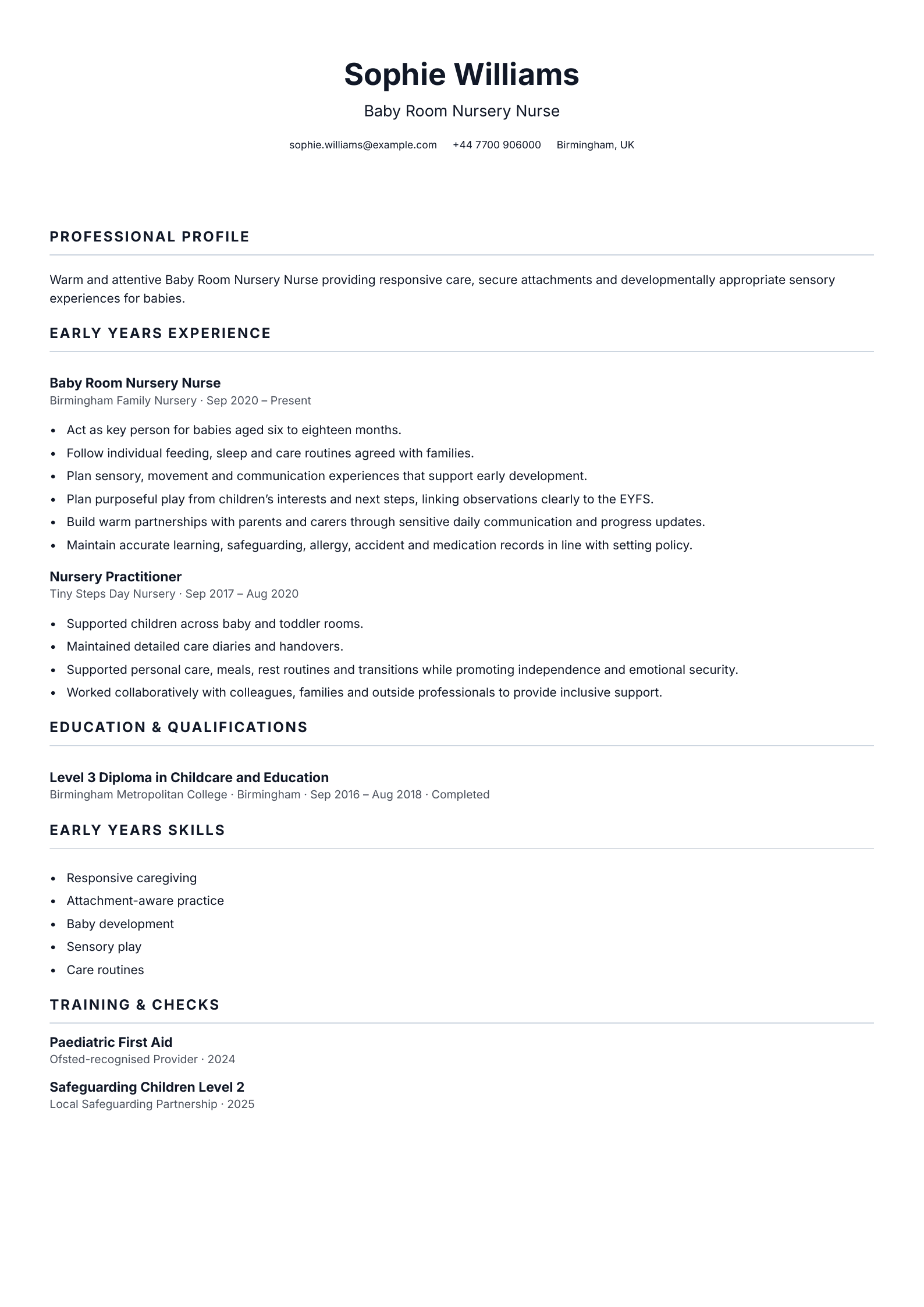 Baby Room Nursery Nurse CV template