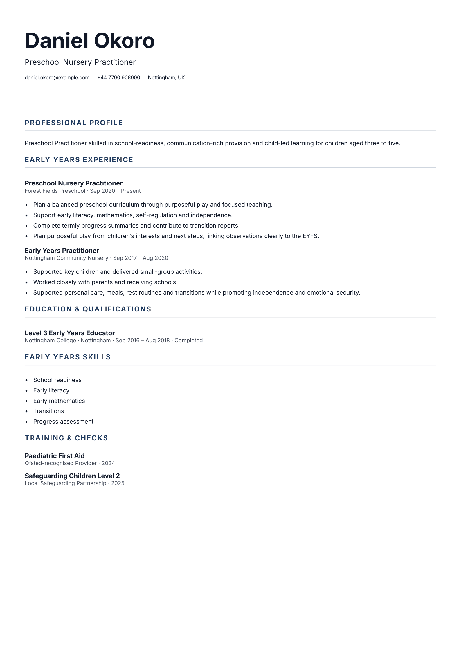 Preschool Nursery Practitioner CV template