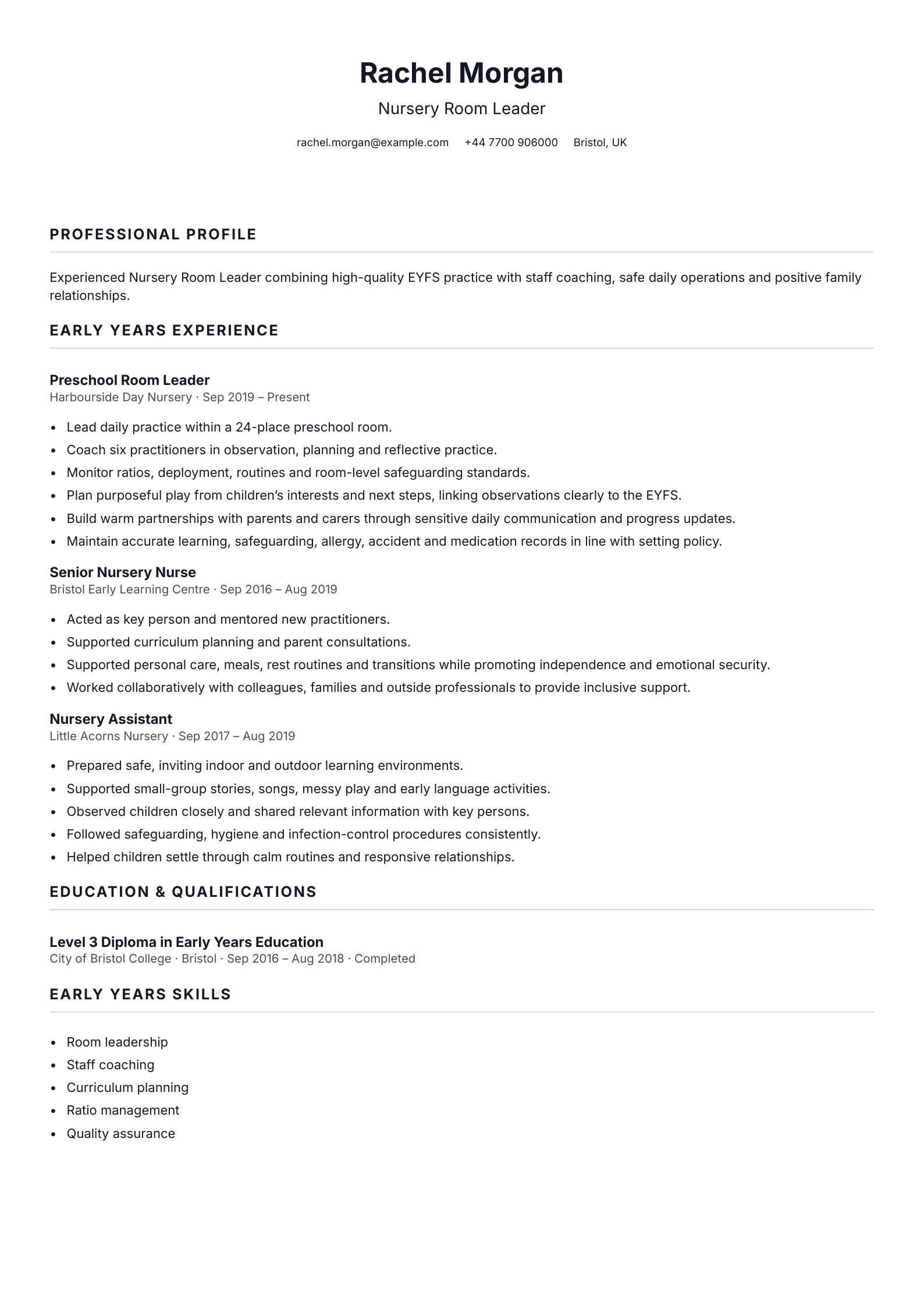 Nursery Room Leader CV template