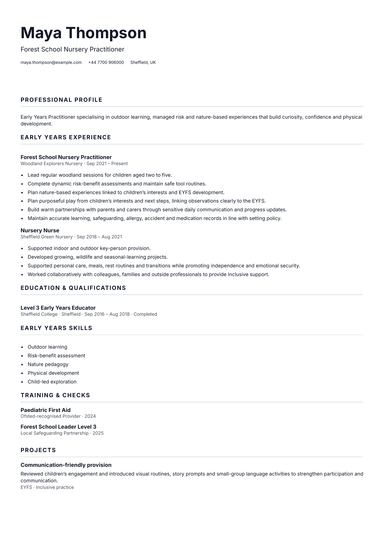 Forest School Nursery Practitioner CV template
