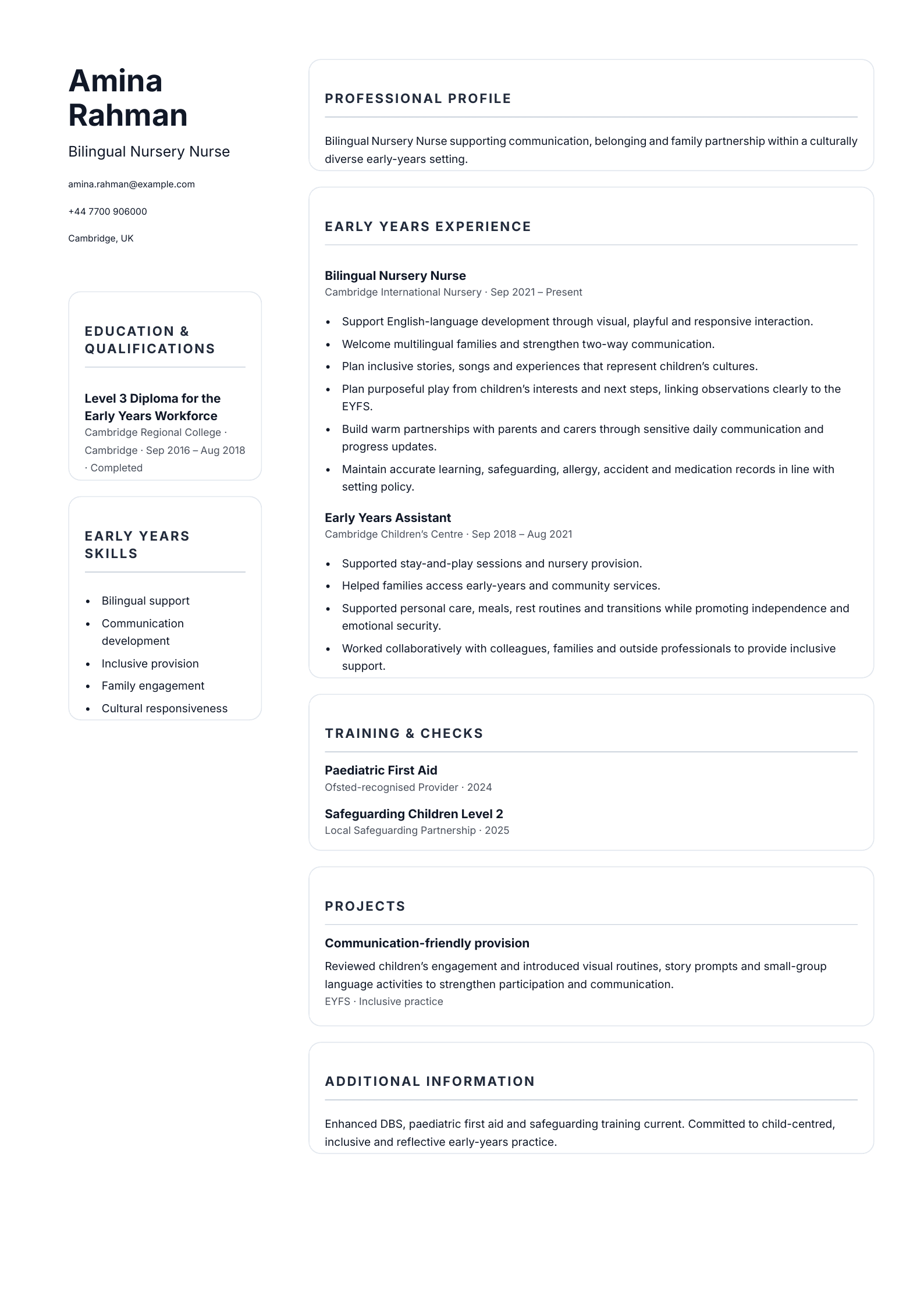 Bilingual Nursery Nurse CV template