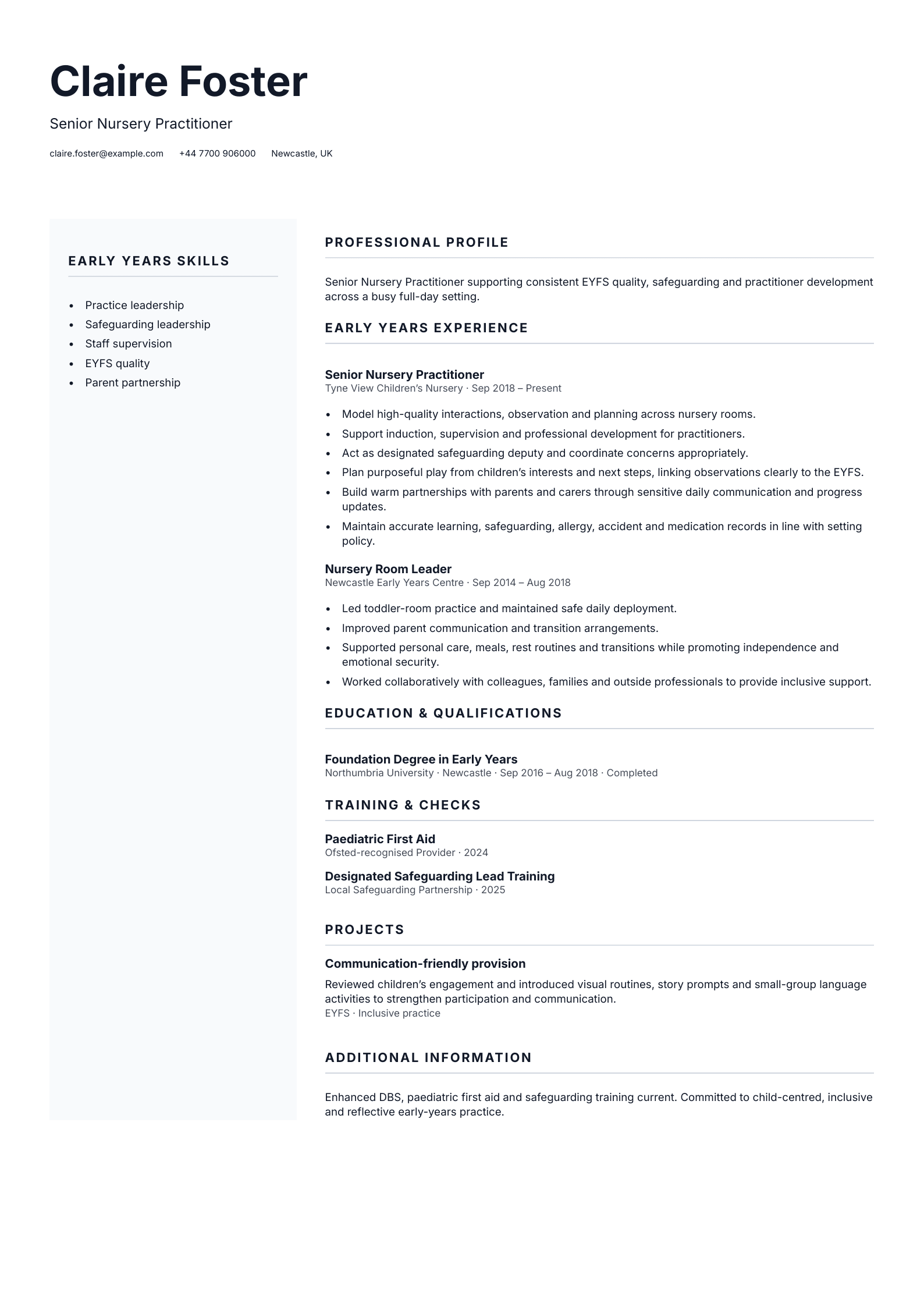 Senior Nursery Practitioner CV template