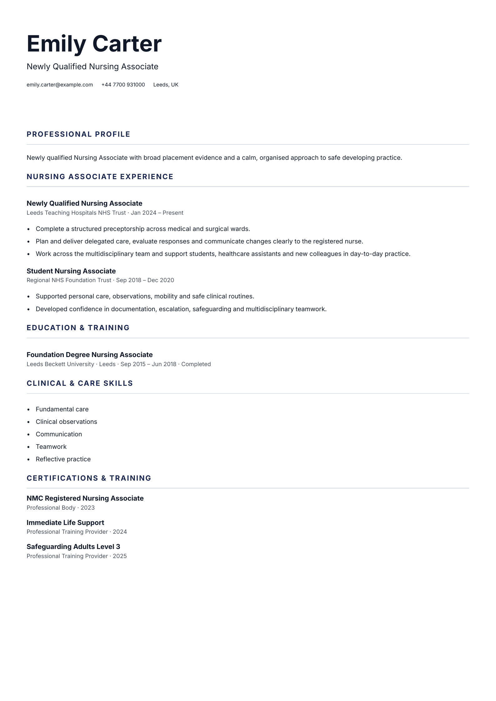 Newly Qualified Nursing Associate CV template