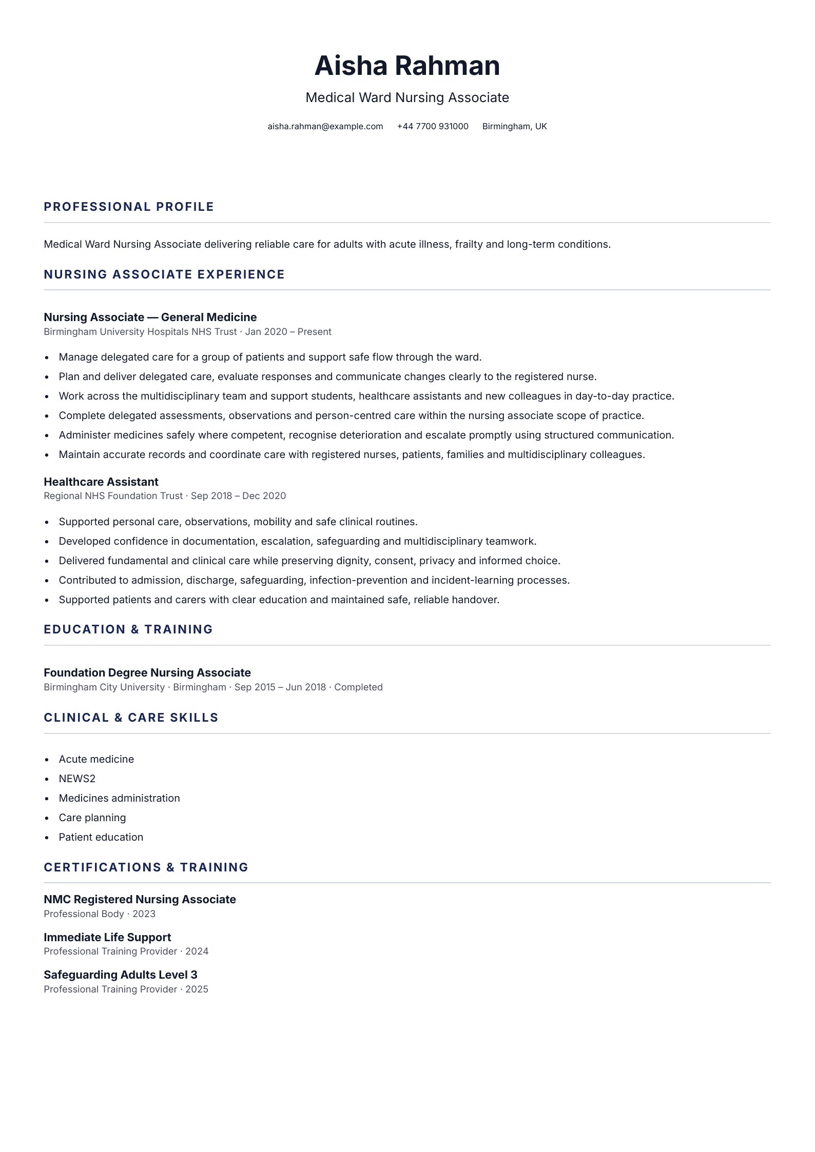 Medical Ward Nursing Associate CV template