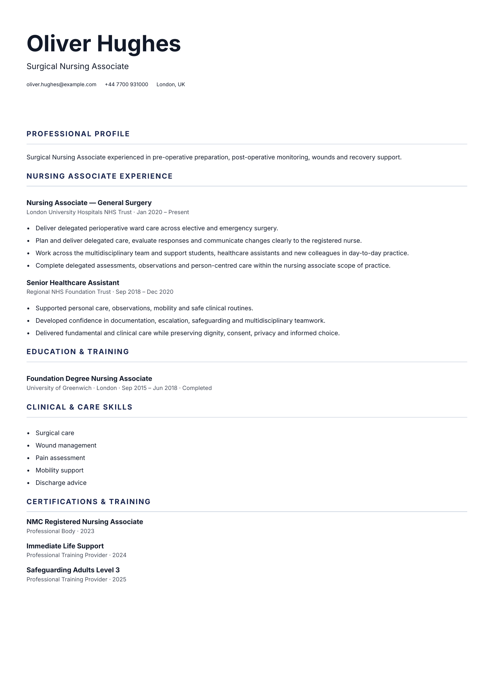 Surgical Nursing Associate CV template