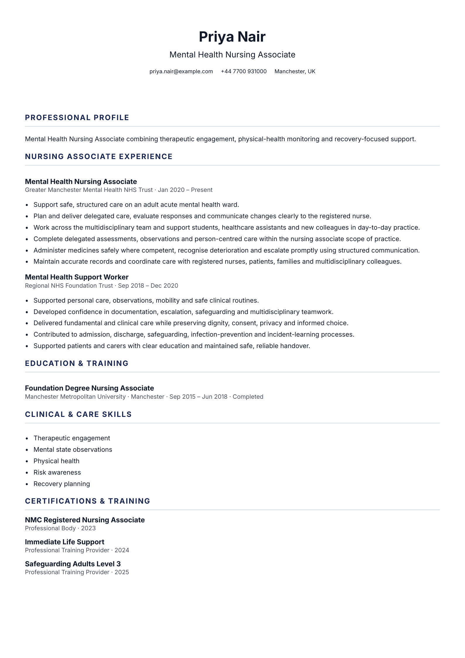 Mental Health Nursing Associate CV template