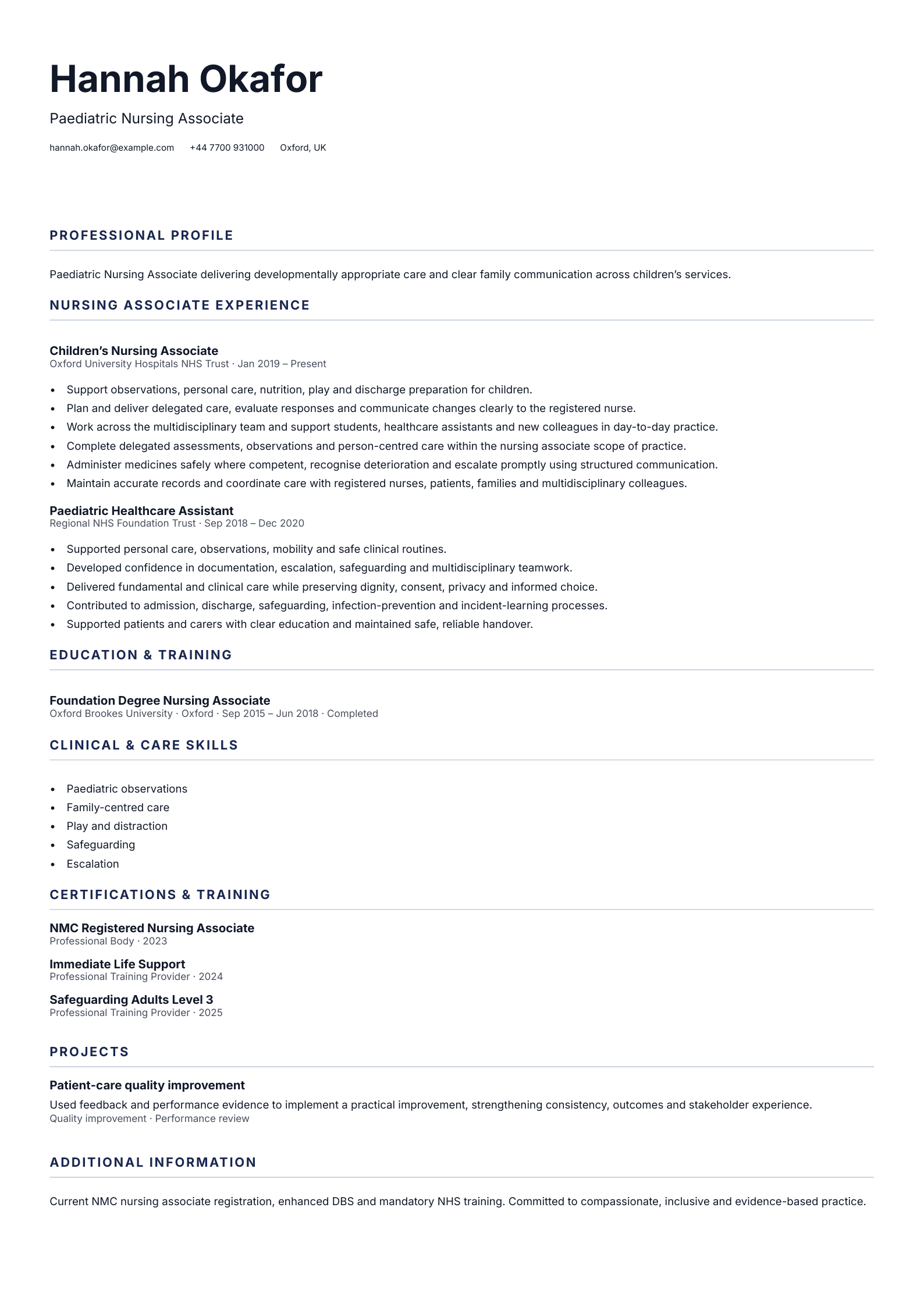 Paediatric Nursing Associate CV template