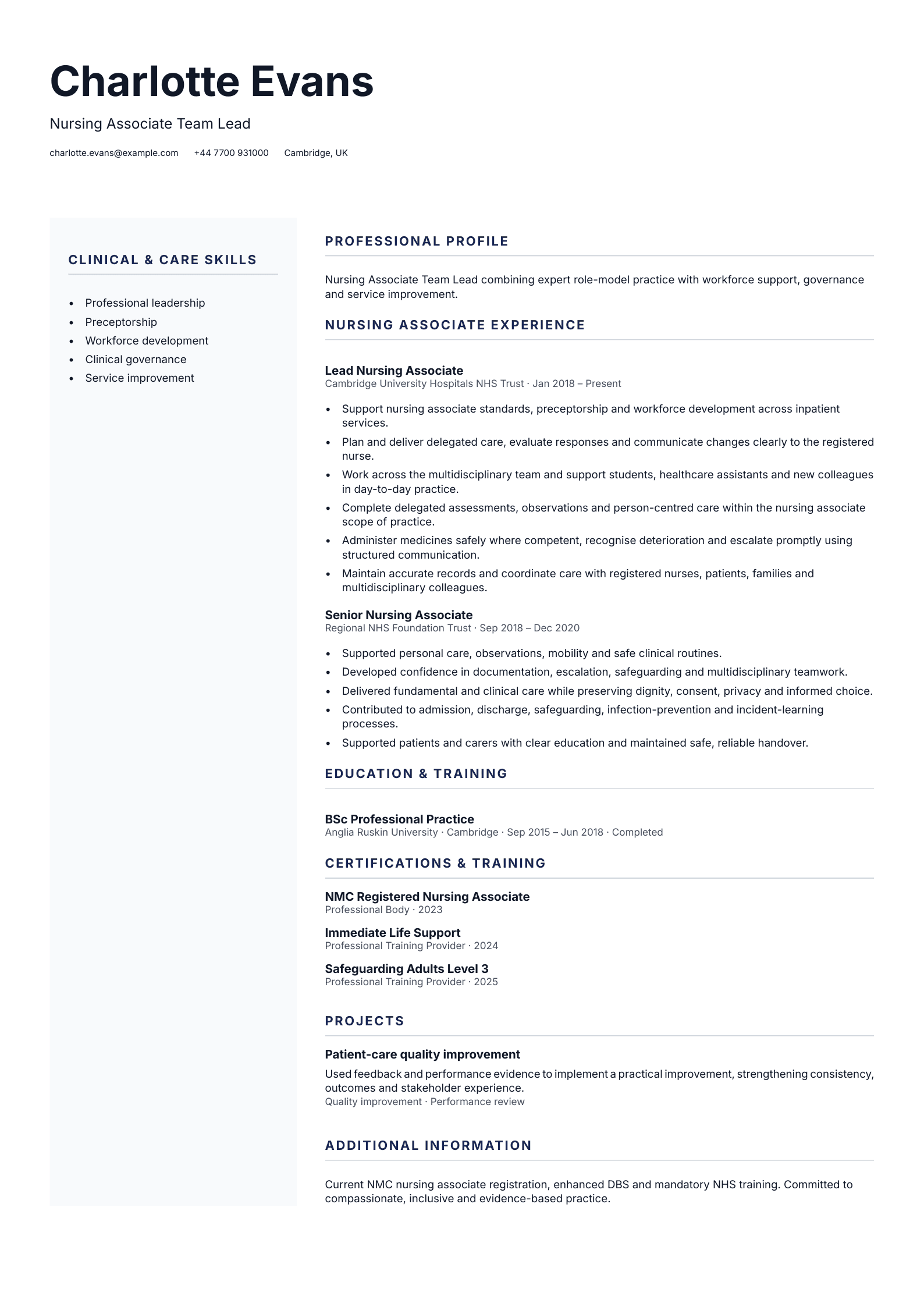 Nursing Associate Team Lead CV template