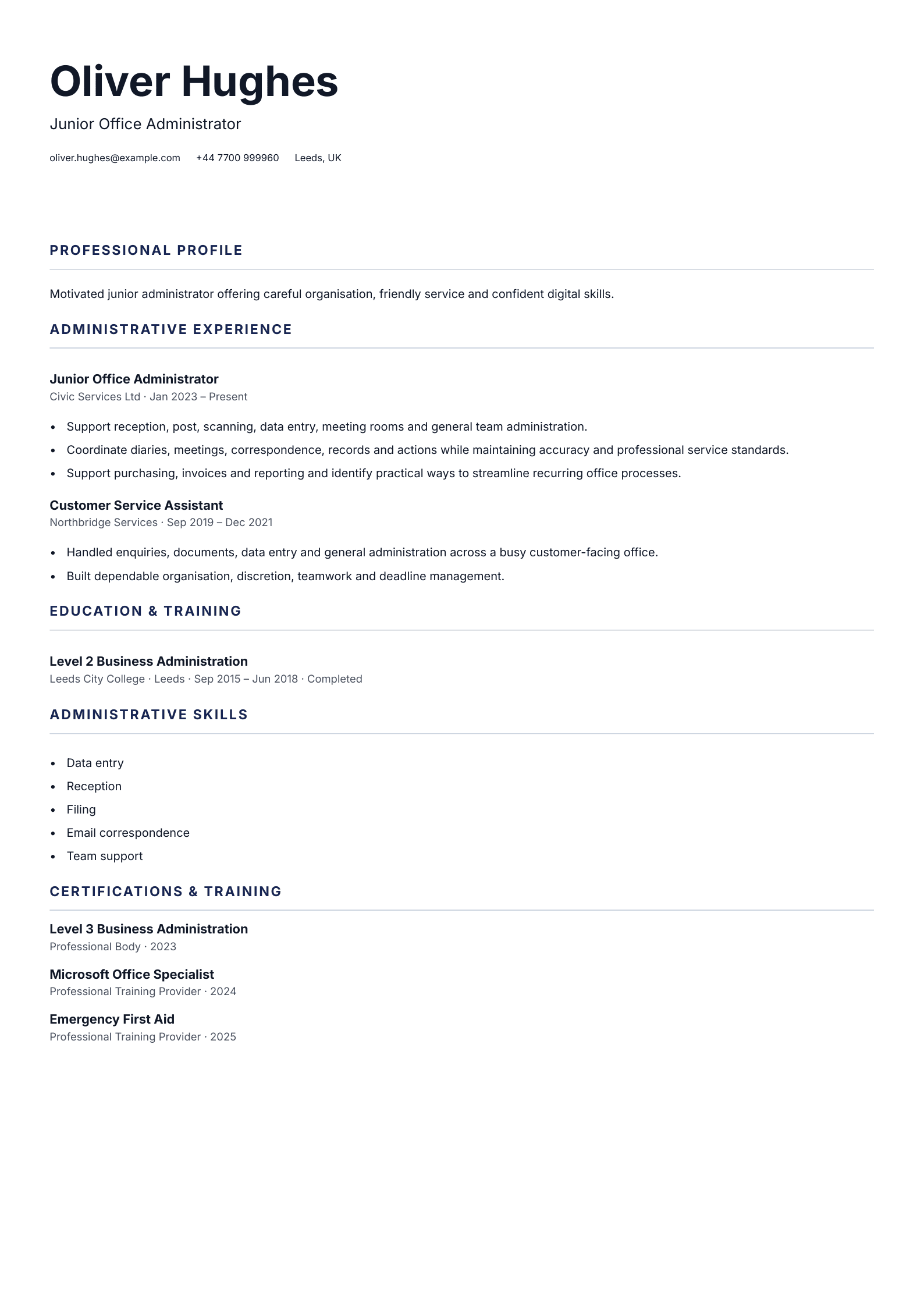 Junior Office Administrator CV template
