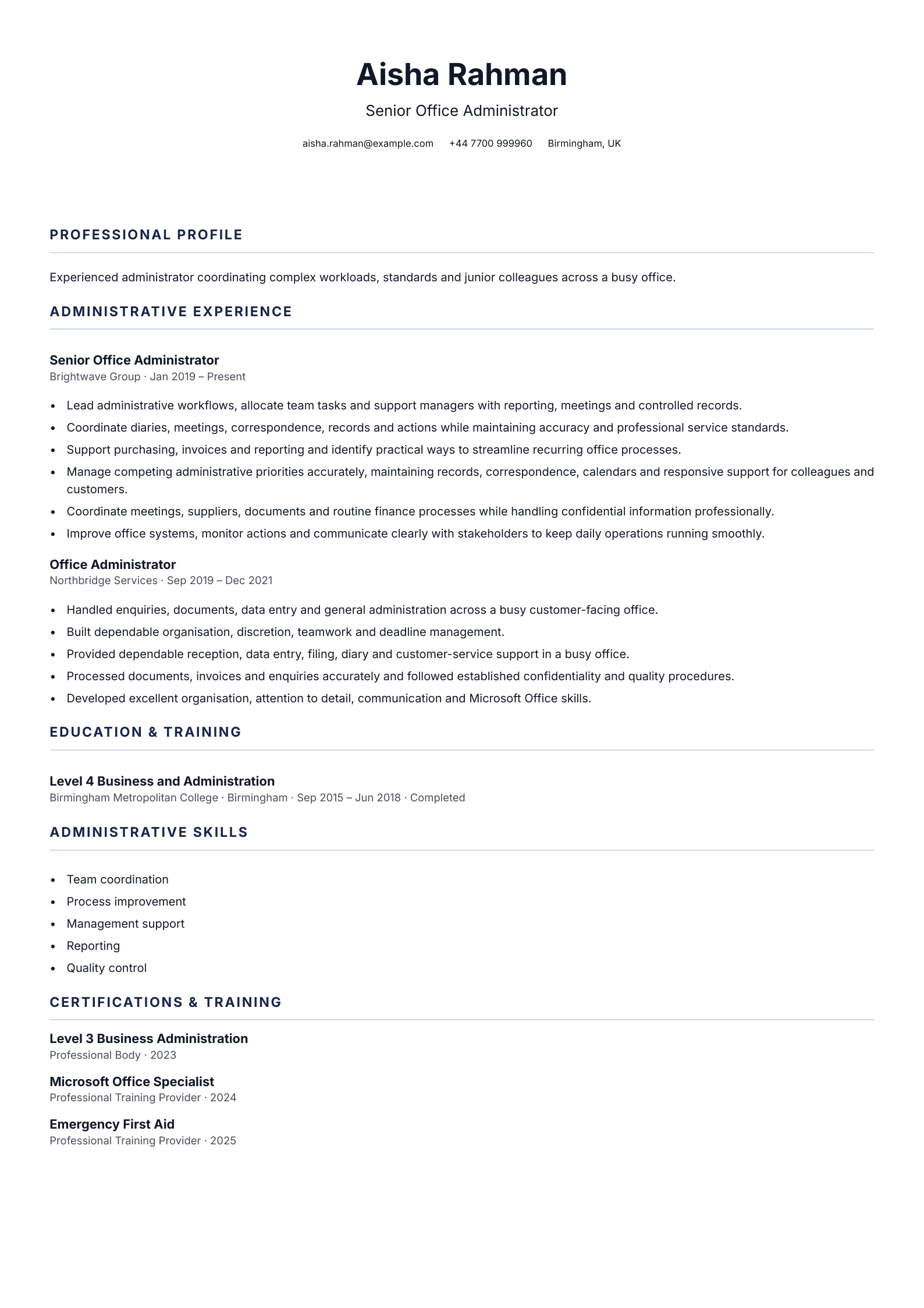 Senior Office Administrator CV template