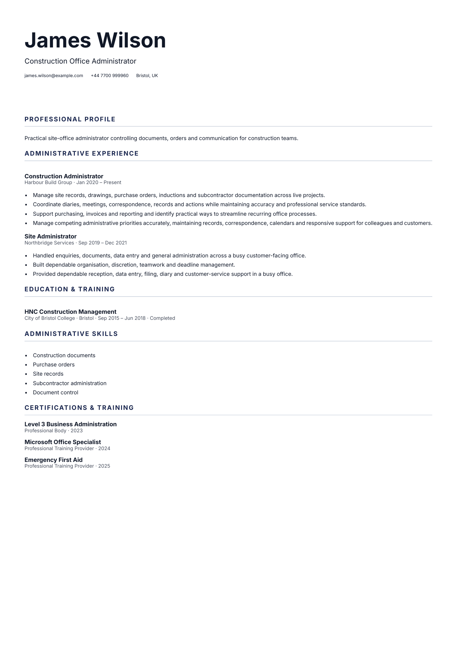 Construction Administrator CV template