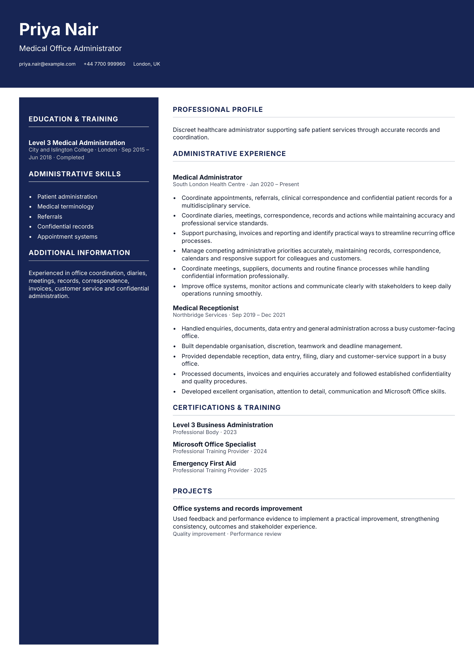 Medical Administrator CV template