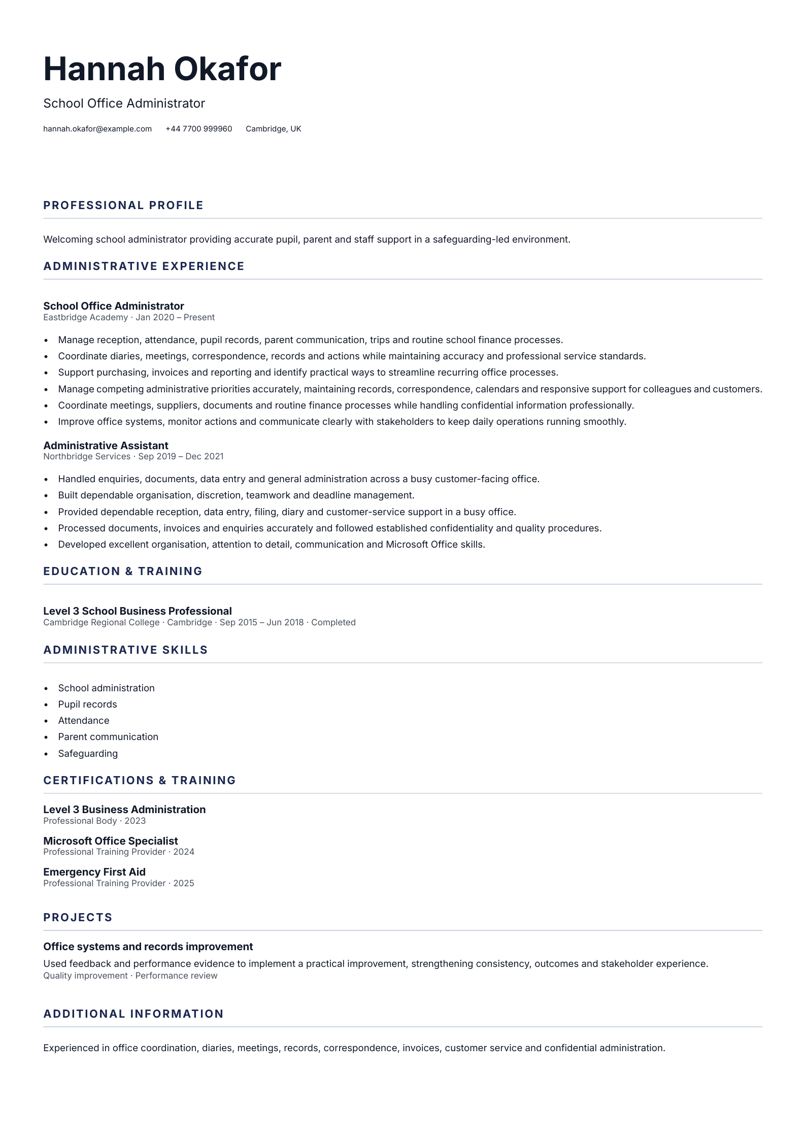 School Office Administrator CV template