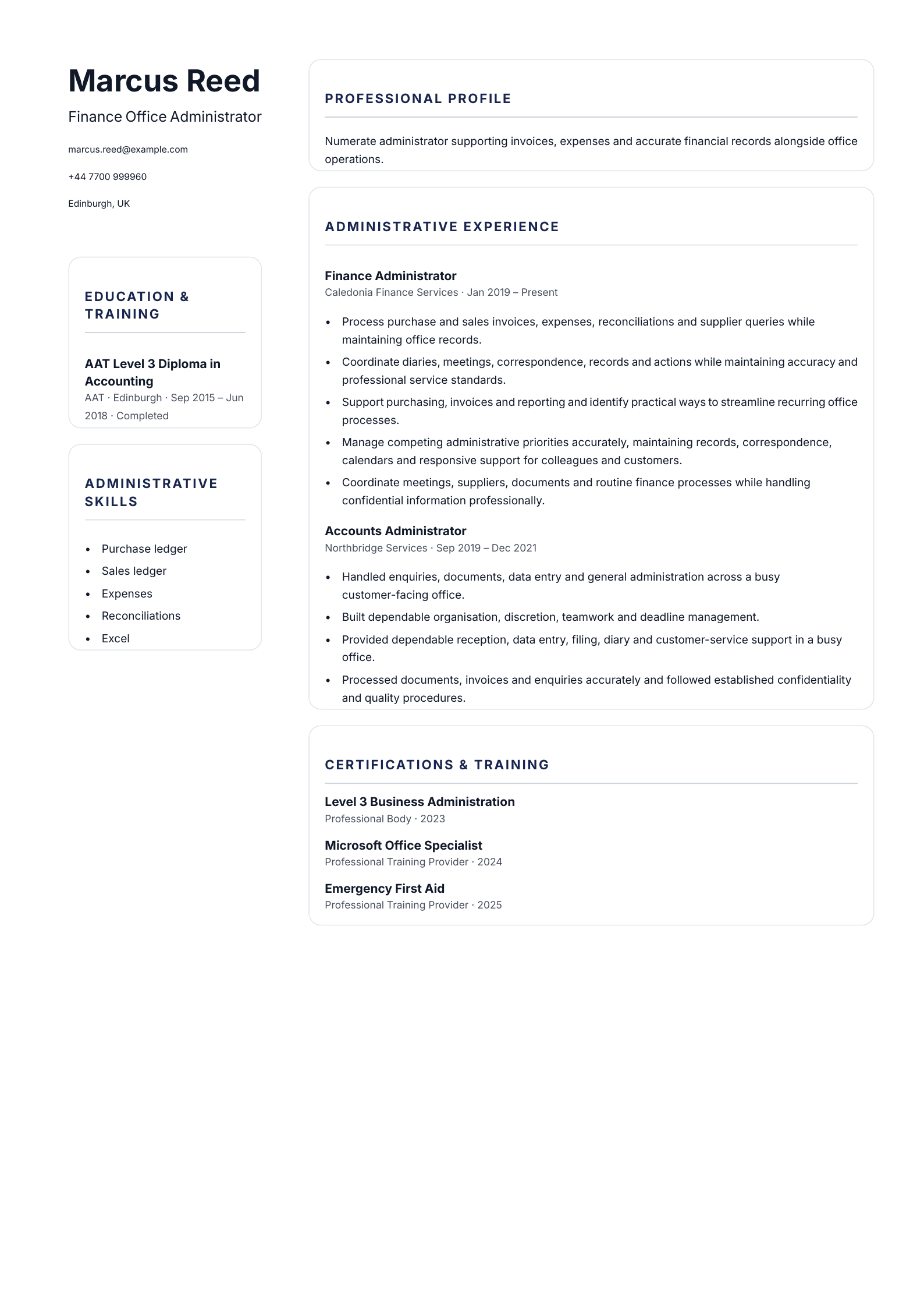 Finance Administrator CV template