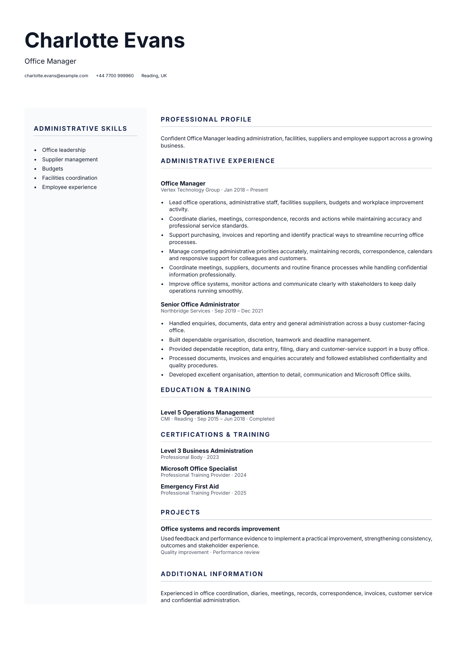 Office Manager CV template