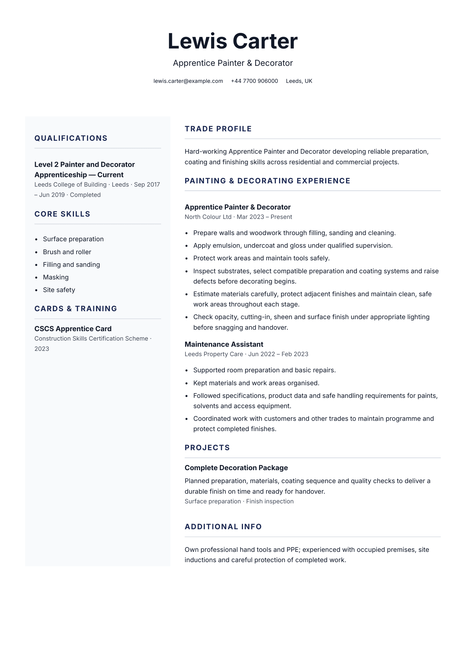 Apprentice Painter & Decorator CV template