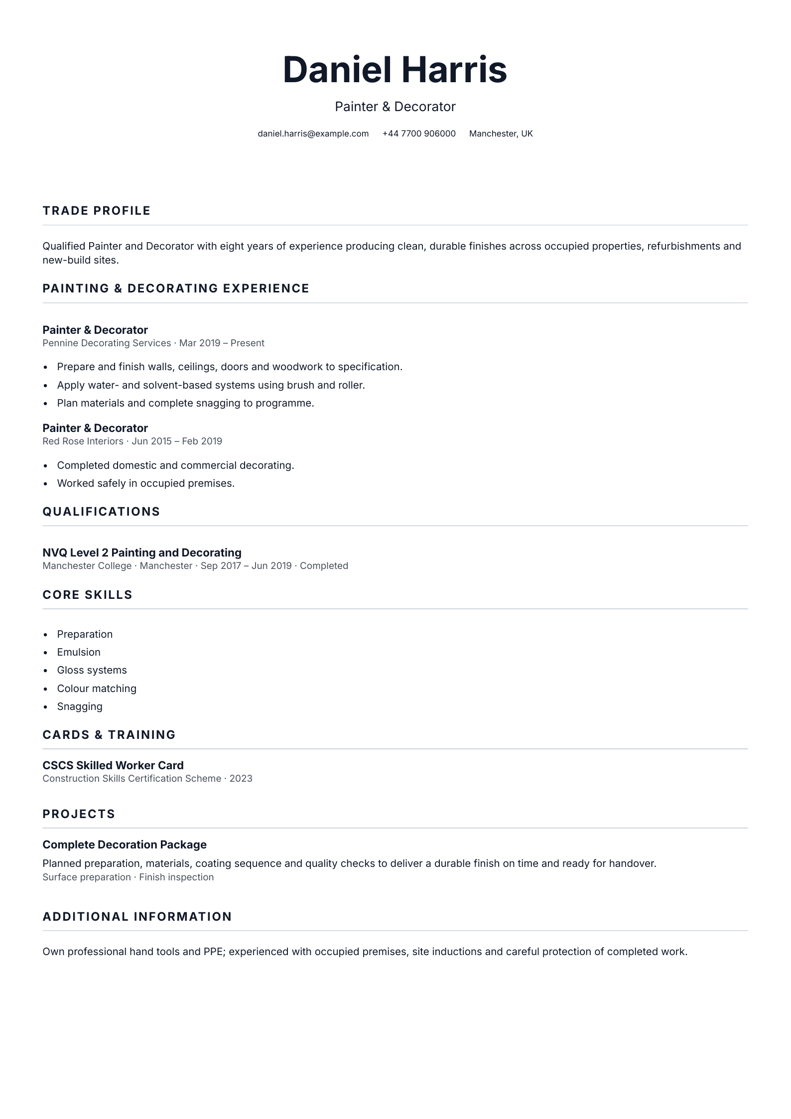 Painter and decorator CV
