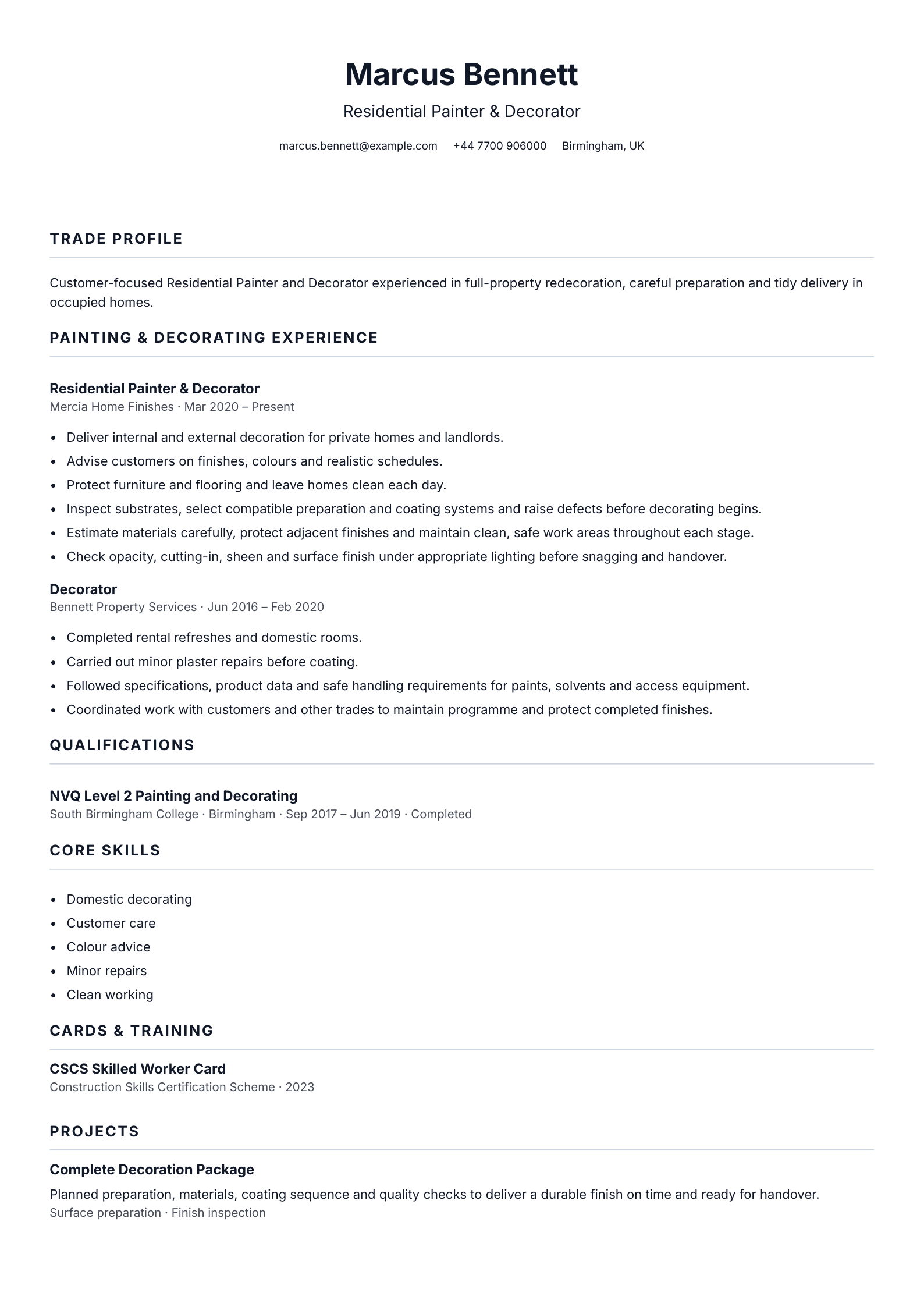 Residential Painter & Decorator CV template