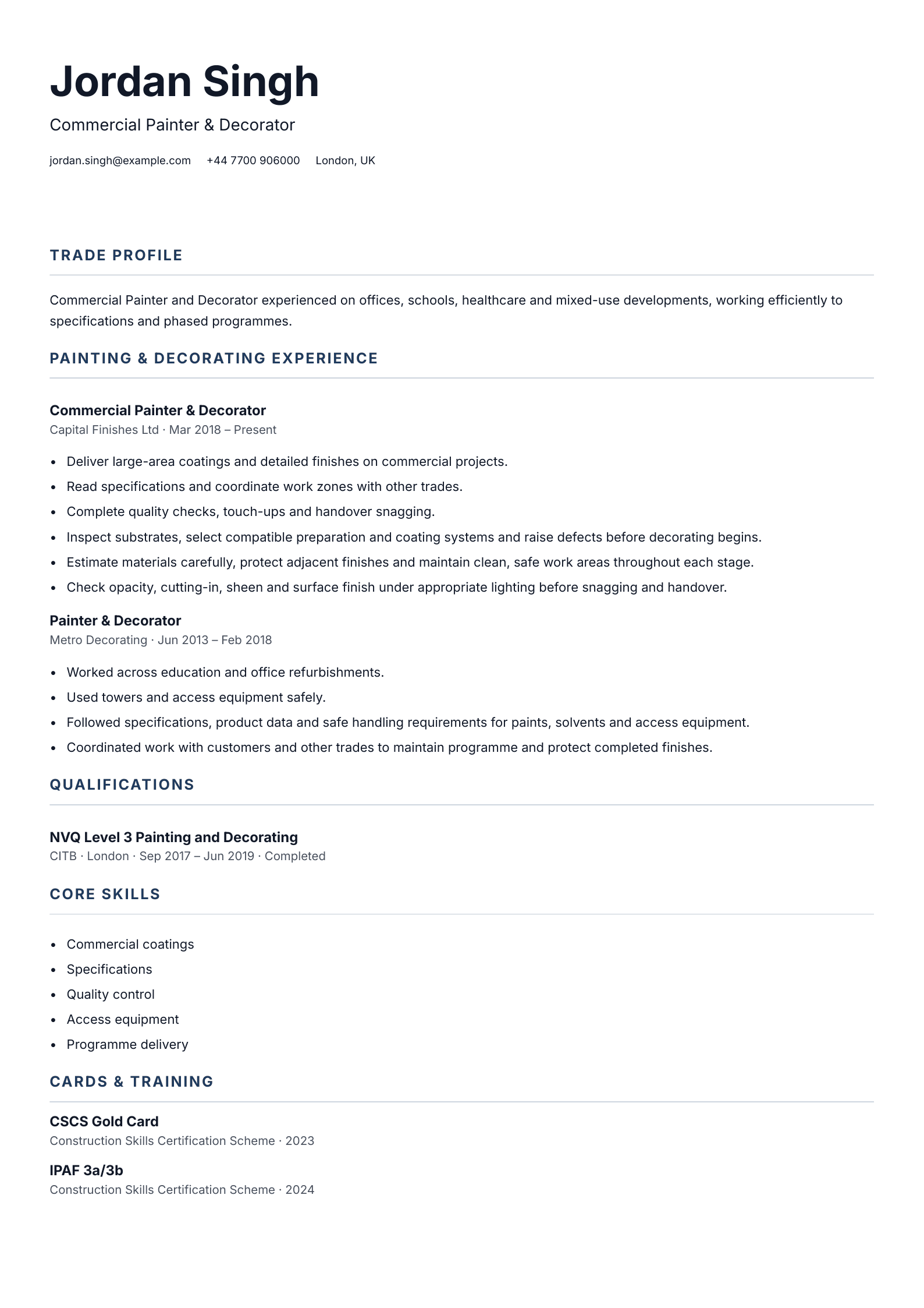 Commercial Painter & Decorator CV template
