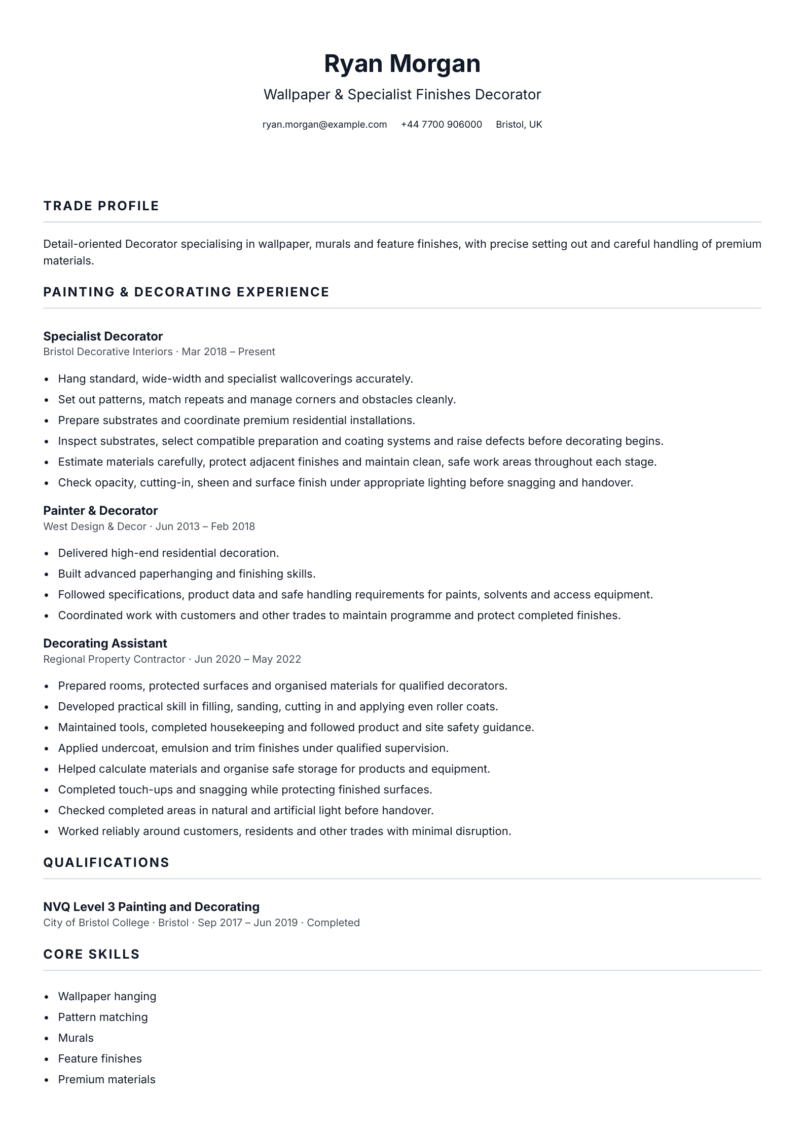 Wallpaper & Specialist Finishes CV template