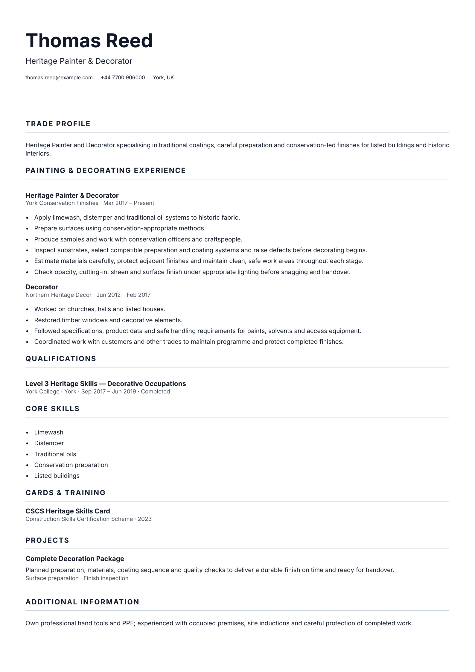 Heritage Painter & Decorator CV template