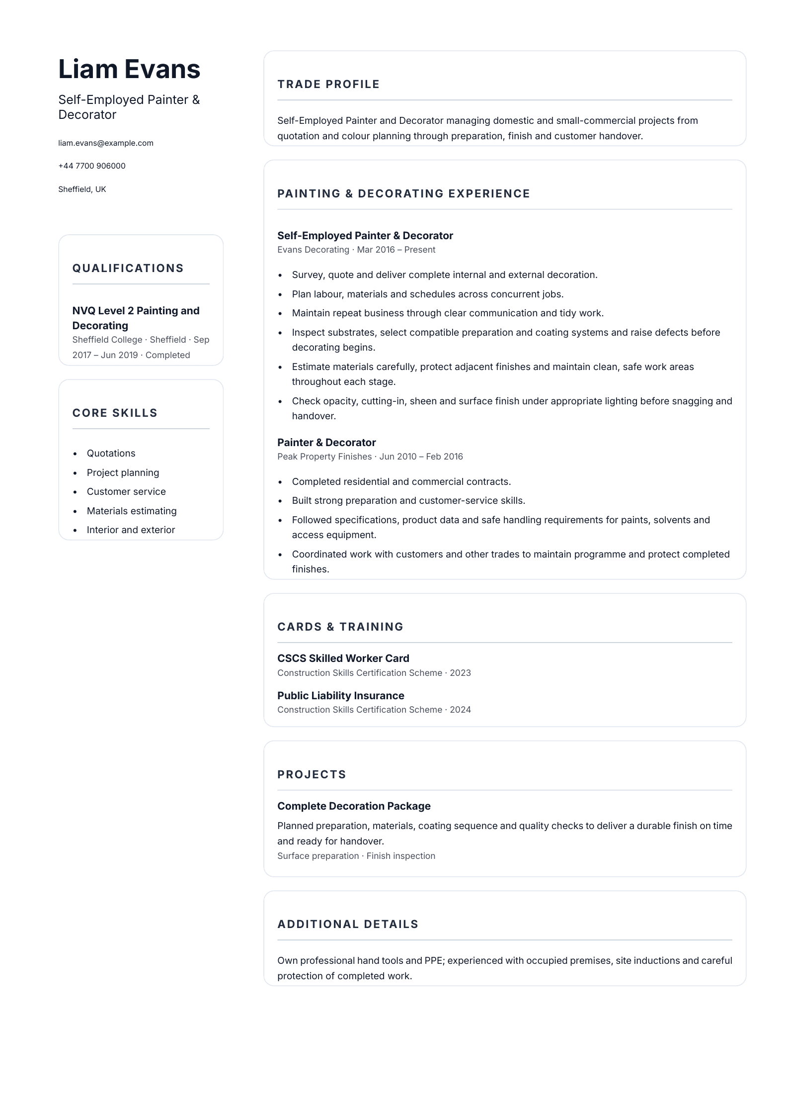 Self-Employed Painter & Decorator CV template