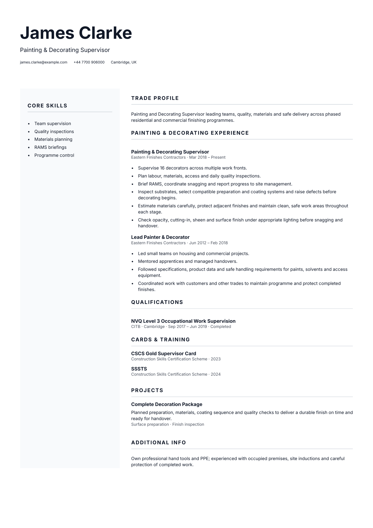 Painting & Decorating Supervisor CV template