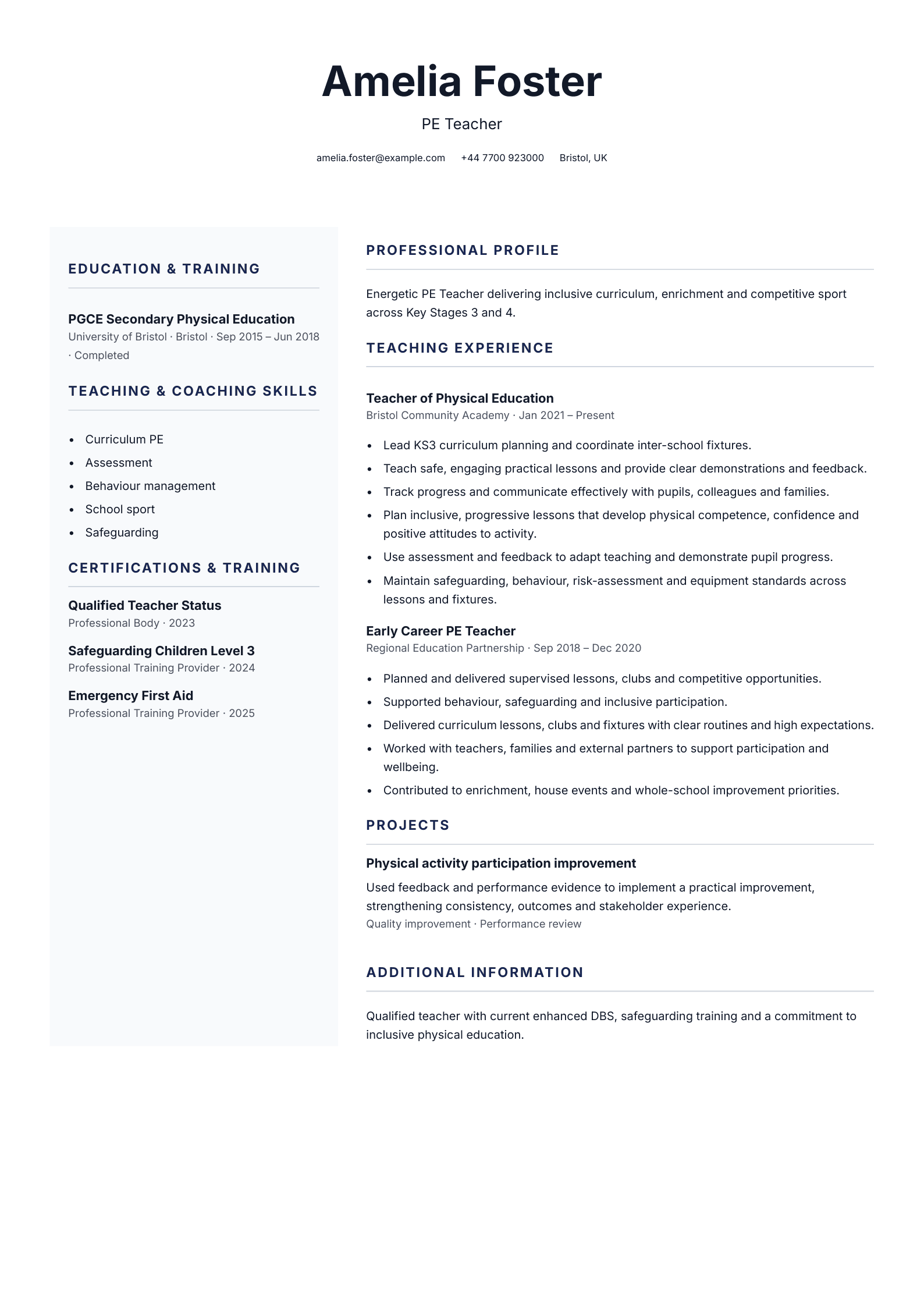 PE Teacher CV