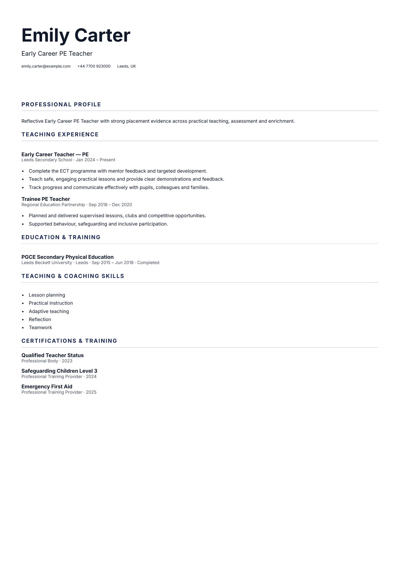 Early Career PE Teacher CV template