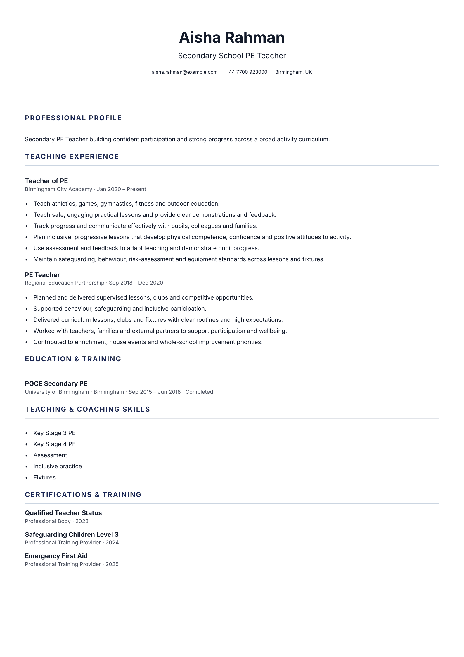 Secondary School PE Teacher CV template