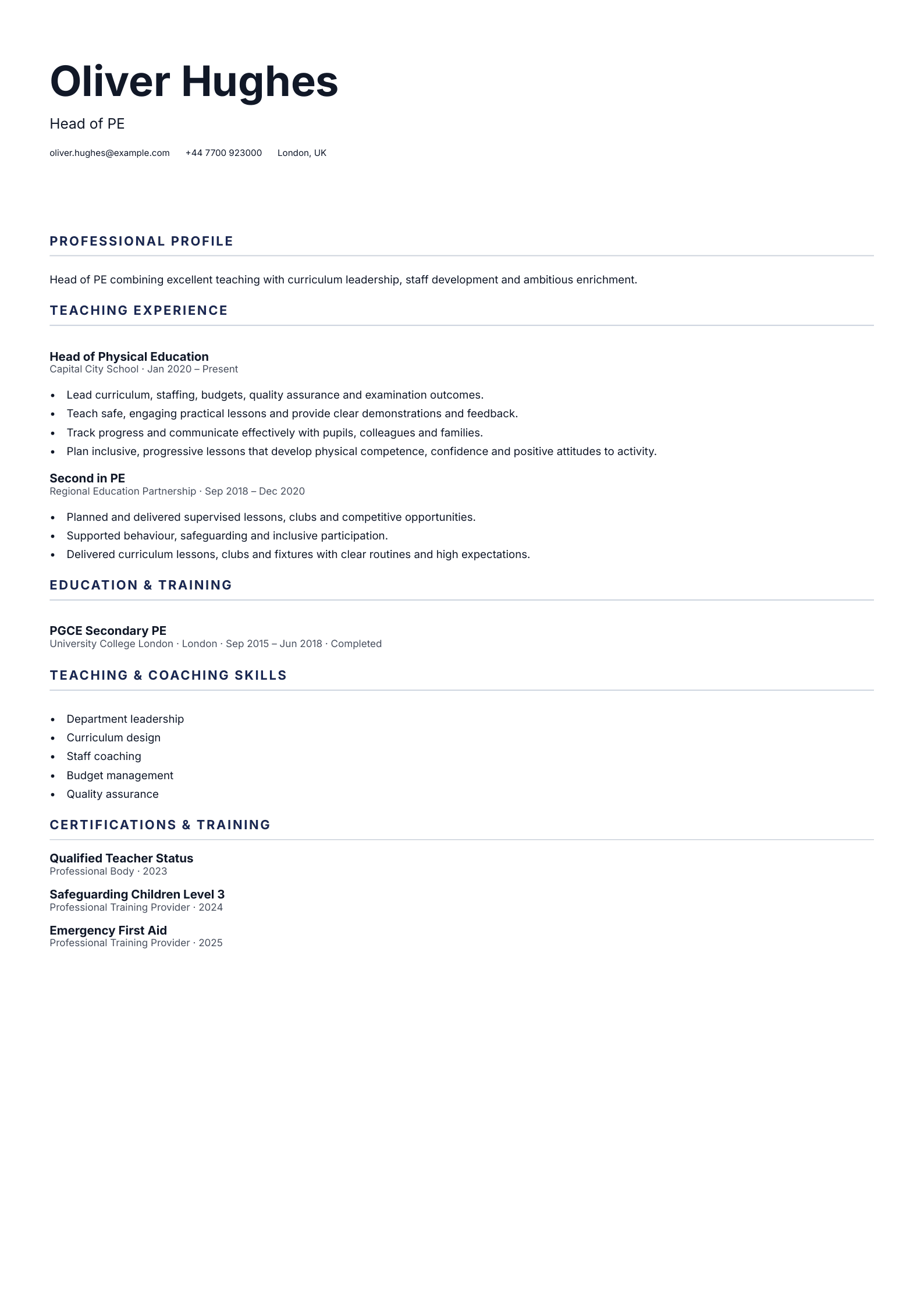 Head of PE CV template