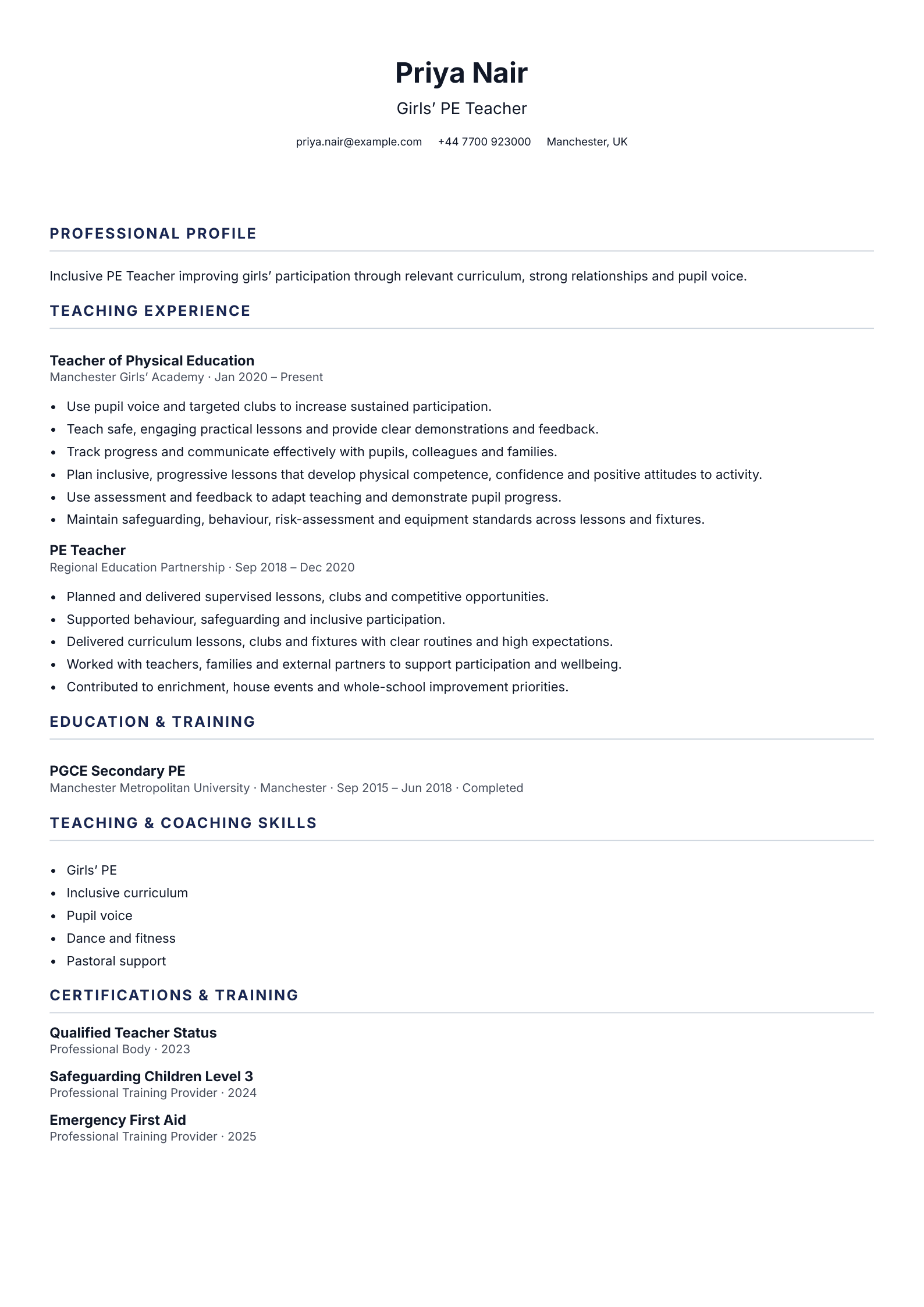 Girls’ PE Teacher CV template