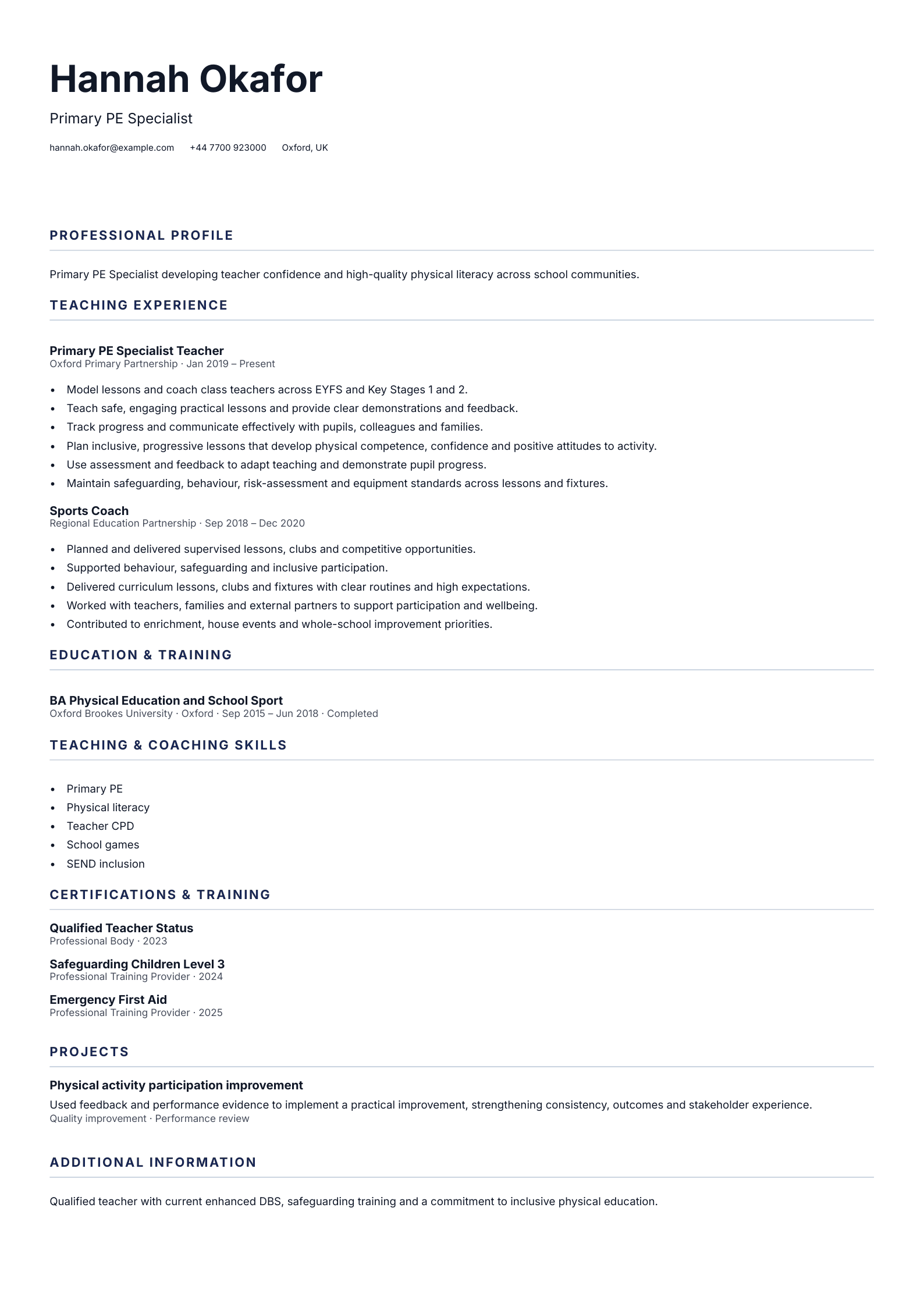 Primary PE Specialist CV template