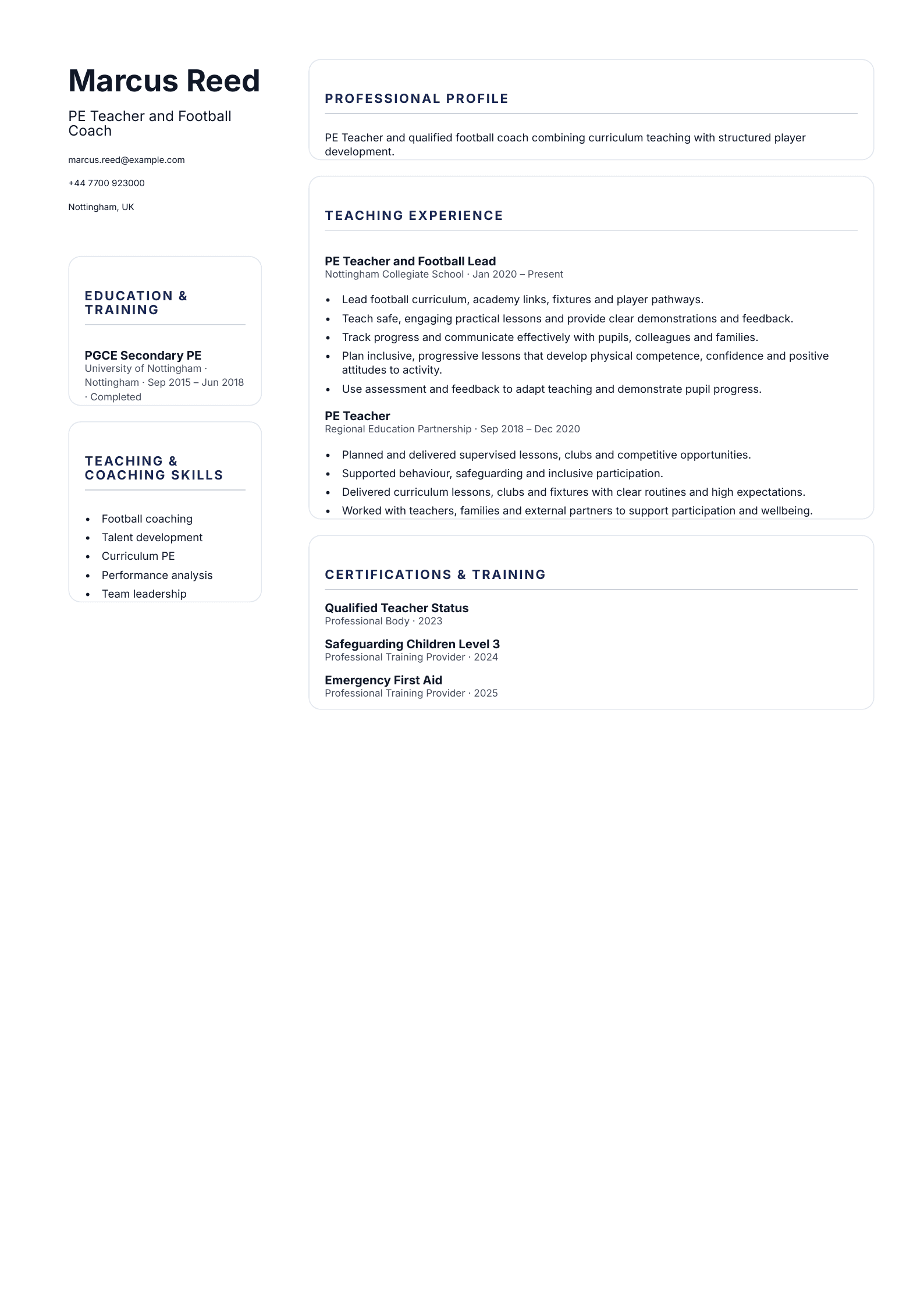 PE Teacher and Football Coach CV template